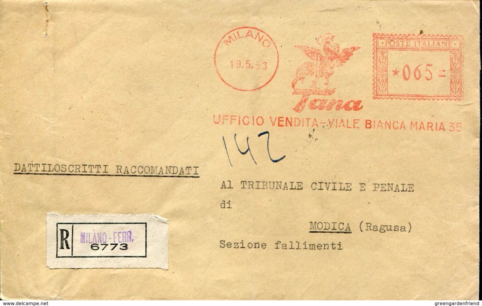 22831 Italia ,red Meter/freistempel/ema/milano 1953 Tana Ufficio Vendita, Cover As Scan - Maschinenstempel (EMA)