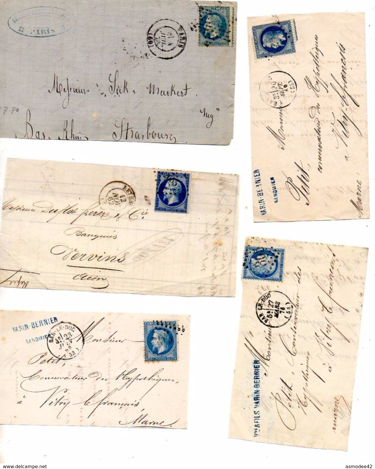 FRANCE LOT DE 5 DEVANTS DE LETTRE BAR LE DUC  VARIN  BERNIER 1869  A 1876  RETHEL 1862  PARIS 1870  A4 - 1849-1876: Klassik