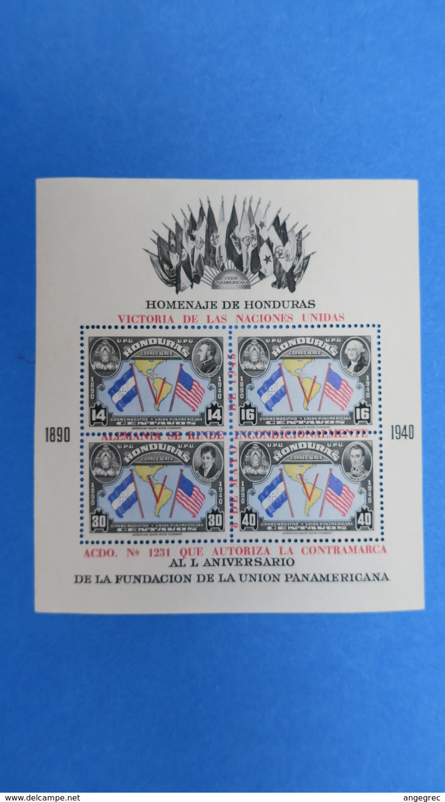 Honduras,  Bloc Feuillet De 4 Timbre  Homenaje De Honduras, Victiria De Las Naciones Unidas  1940   Neuf** - Honduras