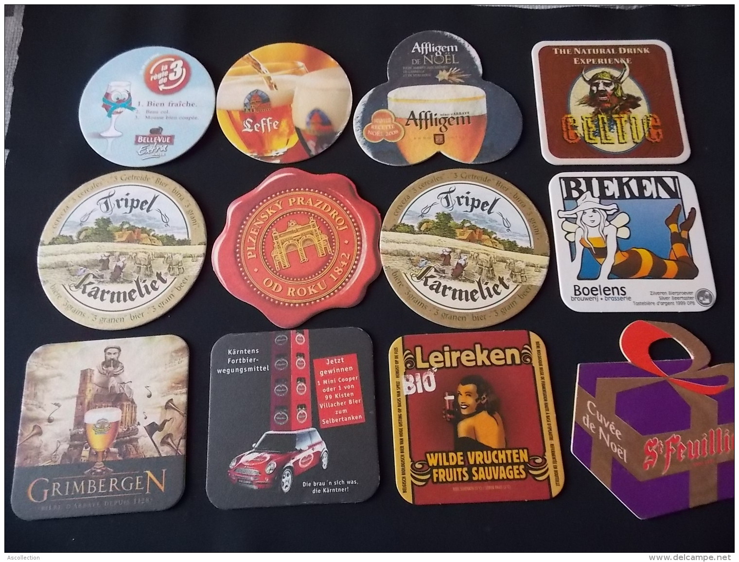 12 Sous Bocks  St Feuillien, Leireken, Grimbergen, Bieken, Tripel Karmeliet, Plzensky, Belle Vue Jriek, Leffe ... - Beer Mats