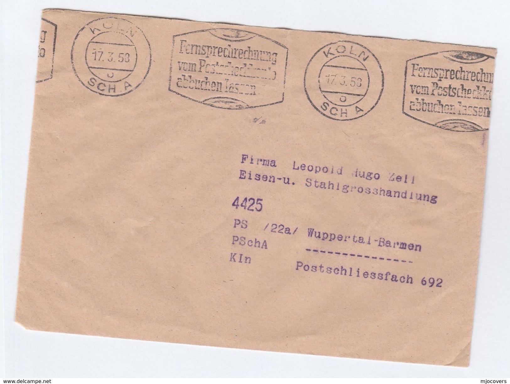 1958 Koln GERMANY COVER Fernsprechrechnung Vom Postscheckkeule Abbuchen Lassen TELEPHONE SERVICE SLOGAN - Telecom