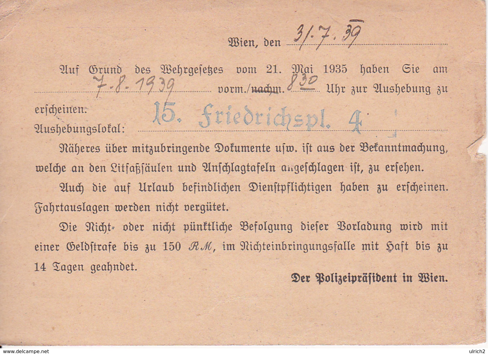 Deutsche Wehrmacht - Wehrbezirks-Kommando Wien II - Aushebung - Einschreiben - 1939 (29384) - Dokumente