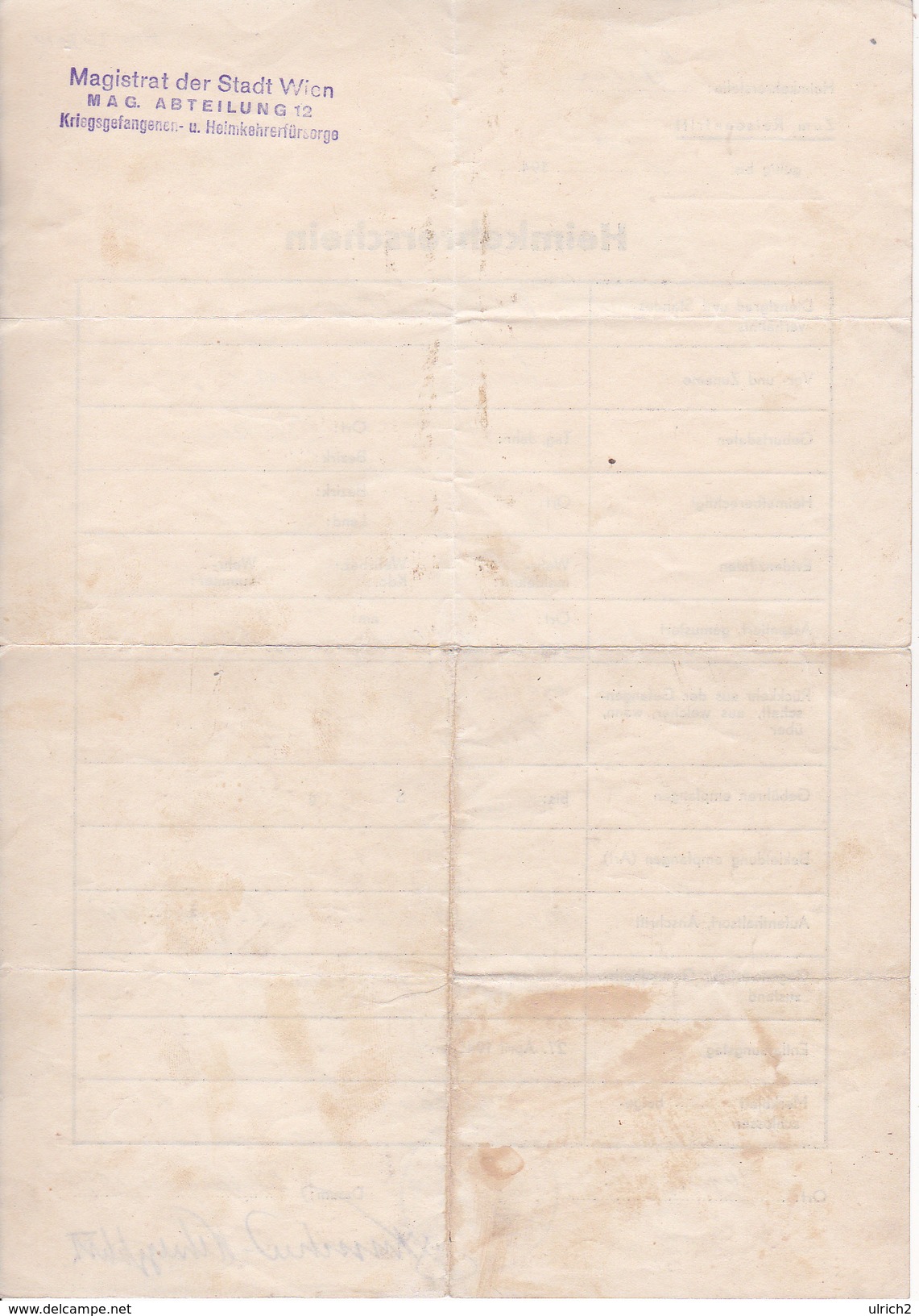 Heimkehrerschein - Militärkommando Wien - 1945 (29385) - Dokumente