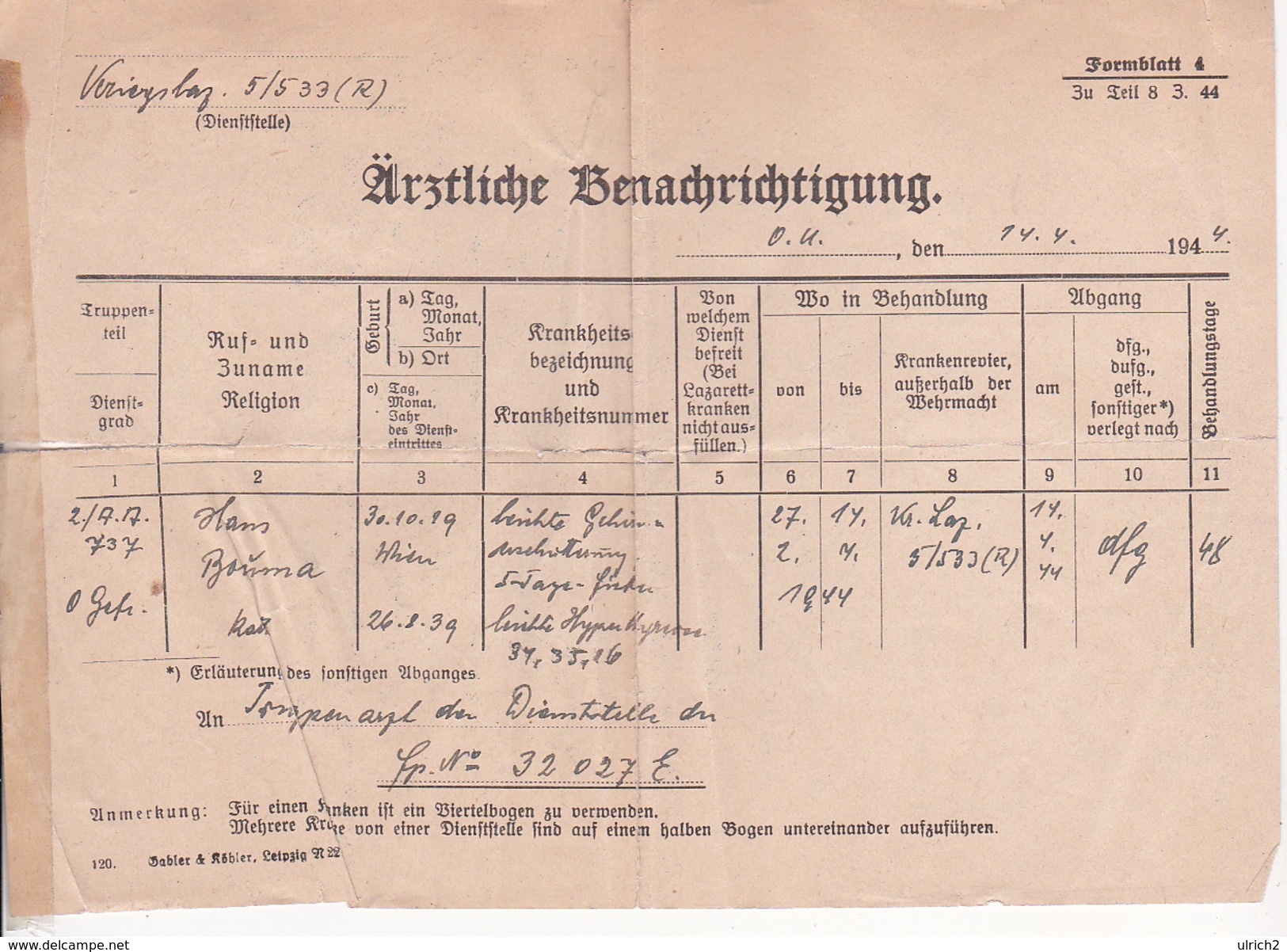 Deutsche Wehrmacht - Kreigslazarett 5/533 - Ärztl. Benachrichtigung (29392) - Dokumente