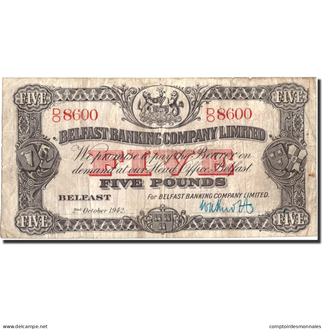 Billet, Northern Ireland, 5 Pounds, 1942, 1942-10-02, KM:127b, TB+ - Irland