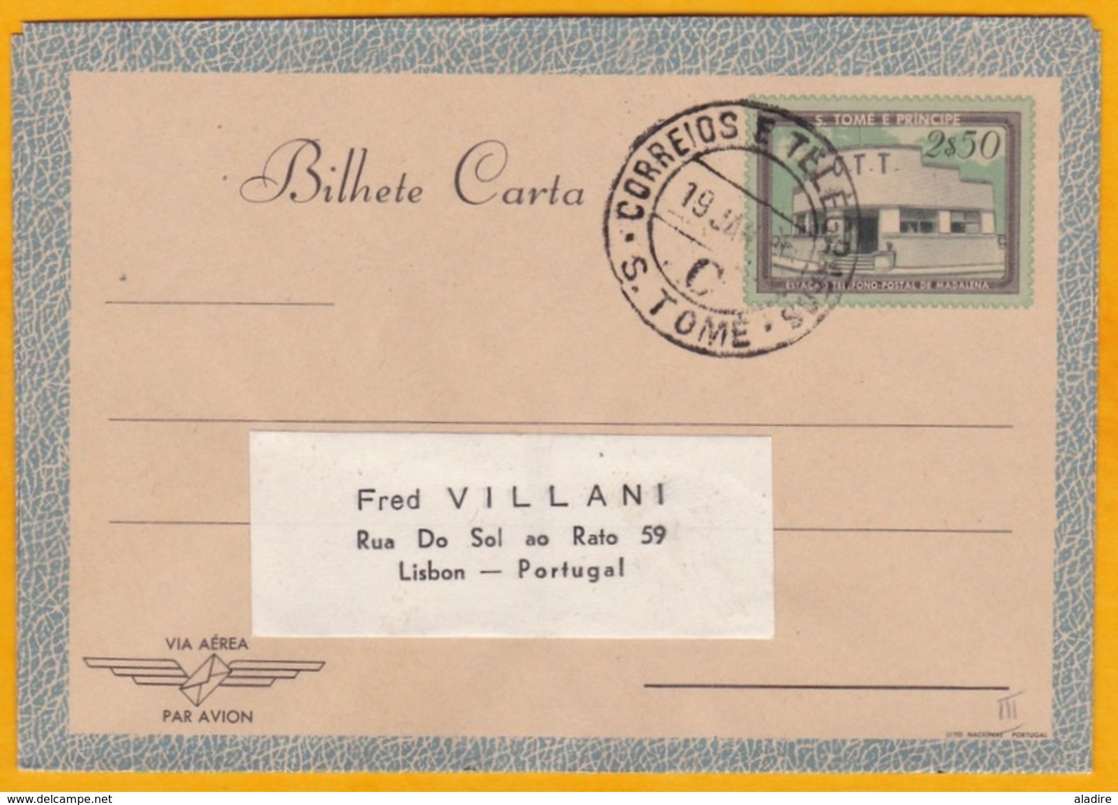 1952 - Entier Postal Aérogramme De Sao Tomé Vers Lisbonne - Madalena Bureau De Poste Et De Téléphone - St. Thomas & Prince