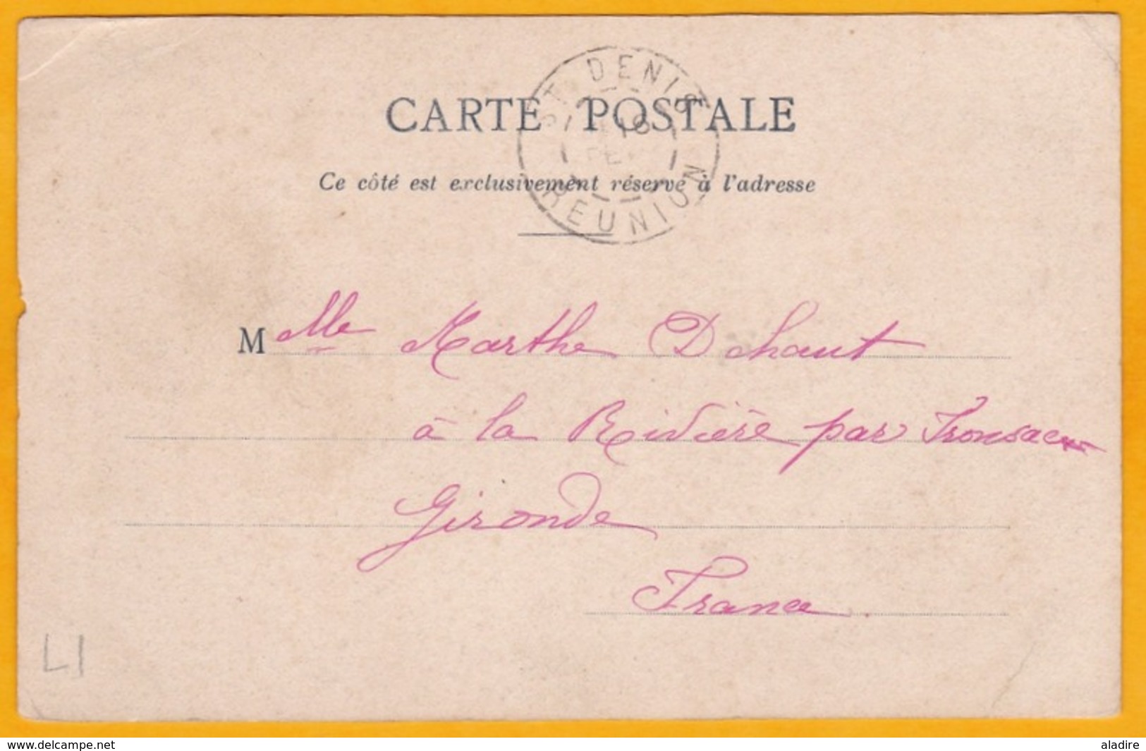 1916 - La Reunion - CP De Saint Denis Vers La Rivière Par Fronsac, Gironde - Affrt 5 C Groupe - L'île Prise D'un Navire - Storia Postale