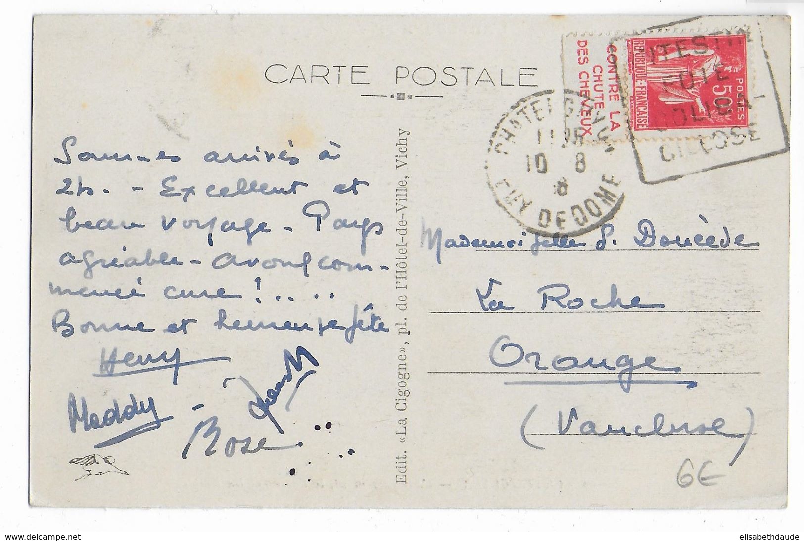 1936 - PAIX Avec BANDE PUB "CHUTE DES CHEVEUX" ISSUE De CARNET Sur CP De CHATELGUYON (PUY DE DOME) DAGUIN => ORANGE - Covers & Documents