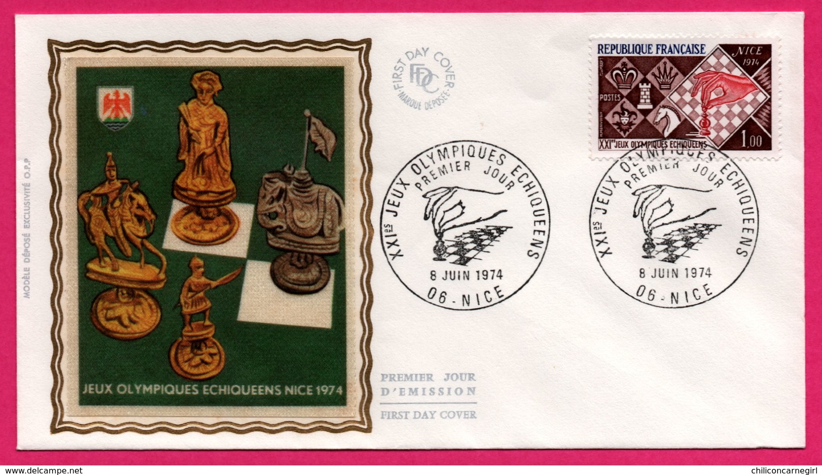 FDC Soie -  Échecs - J.O. Echiqueens Nice - XXI Jeux Olympiques - 1974 - Scacchi