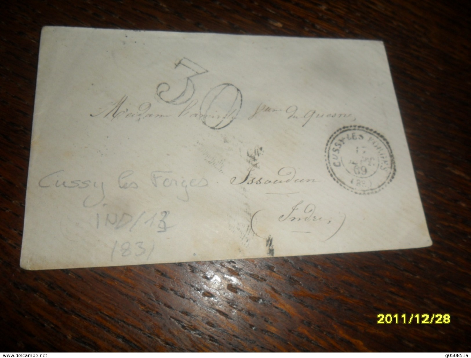 1869 - YONNE !! -Lettre TAXEE -IND/13 ****- OBL/C.a.Date PERLEE  **** CUSSY LES FORGES-2 Photos - 1801-1848: Précurseurs XIX