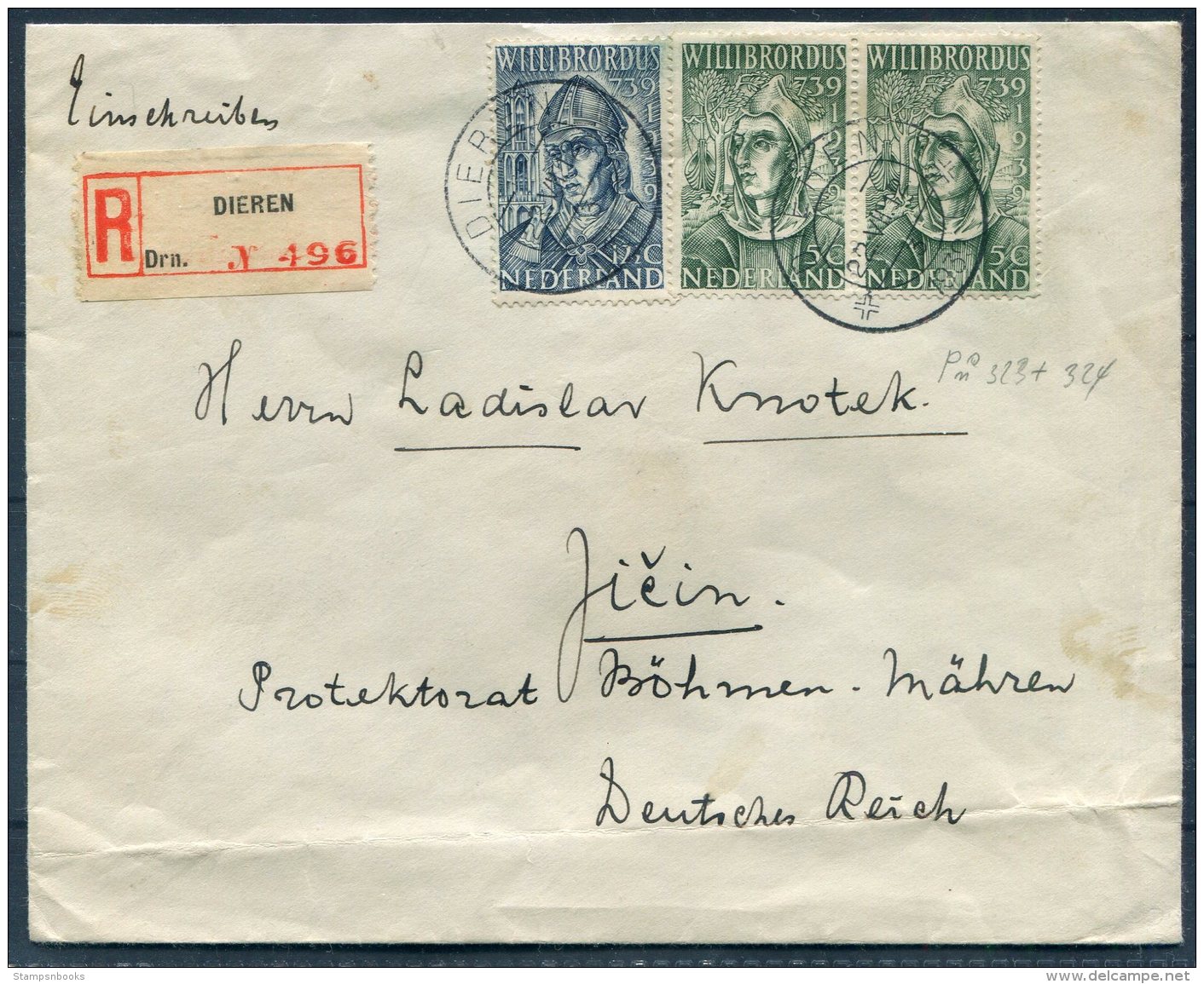 1939 Netherlands Dieren Registered Willbrordus BOSCHWIJK Cover - Bohemia Moravia, Deutsches Reich - Covers & Documents