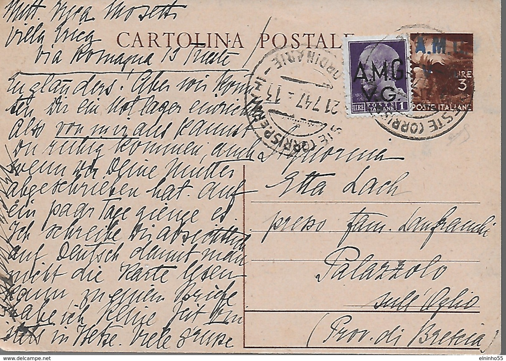 1947 AMG VG - Intero Postale Per Brescia  - Soprastampa A Mano - Marcophilie