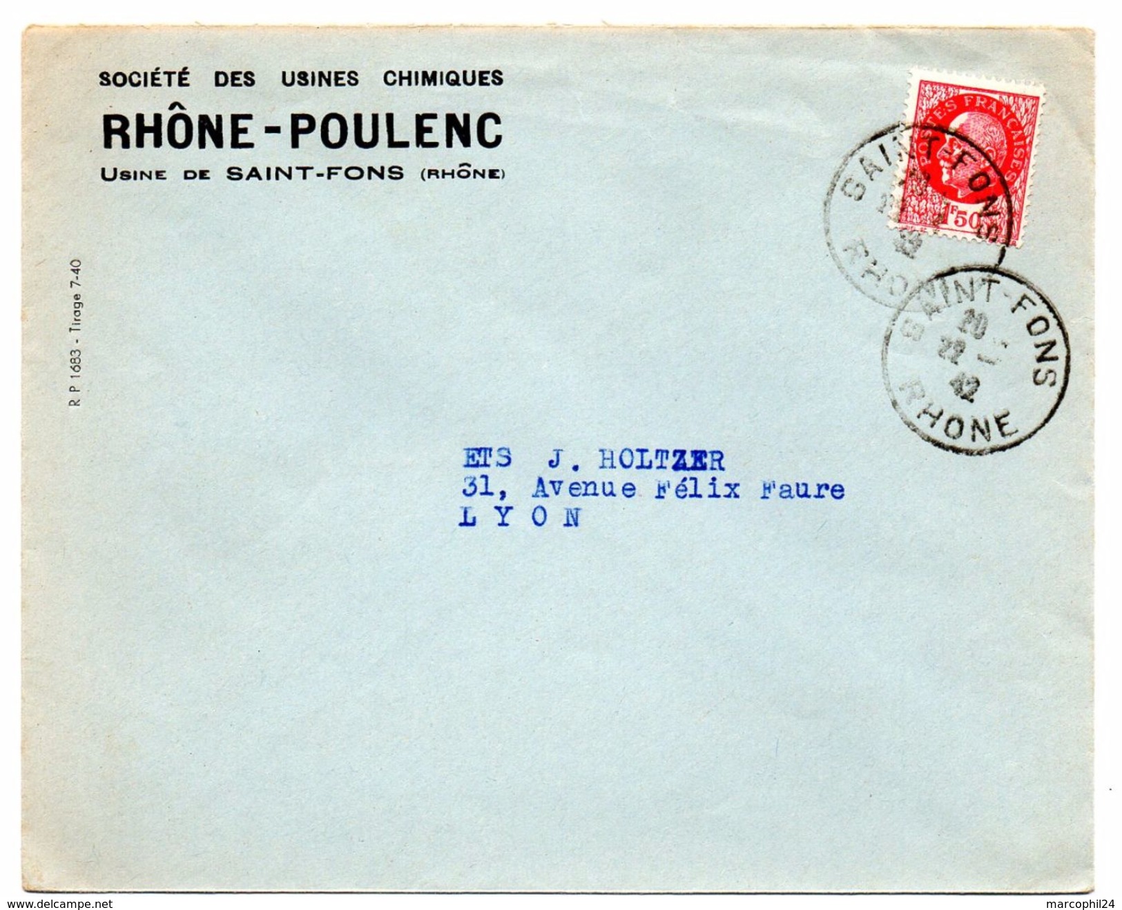RHONE - Dépt N° 69 = SAINT FONS 1942 =  CACHET MANUEL A4 + En-tête RHONE-POULENC - Manual Postmarks