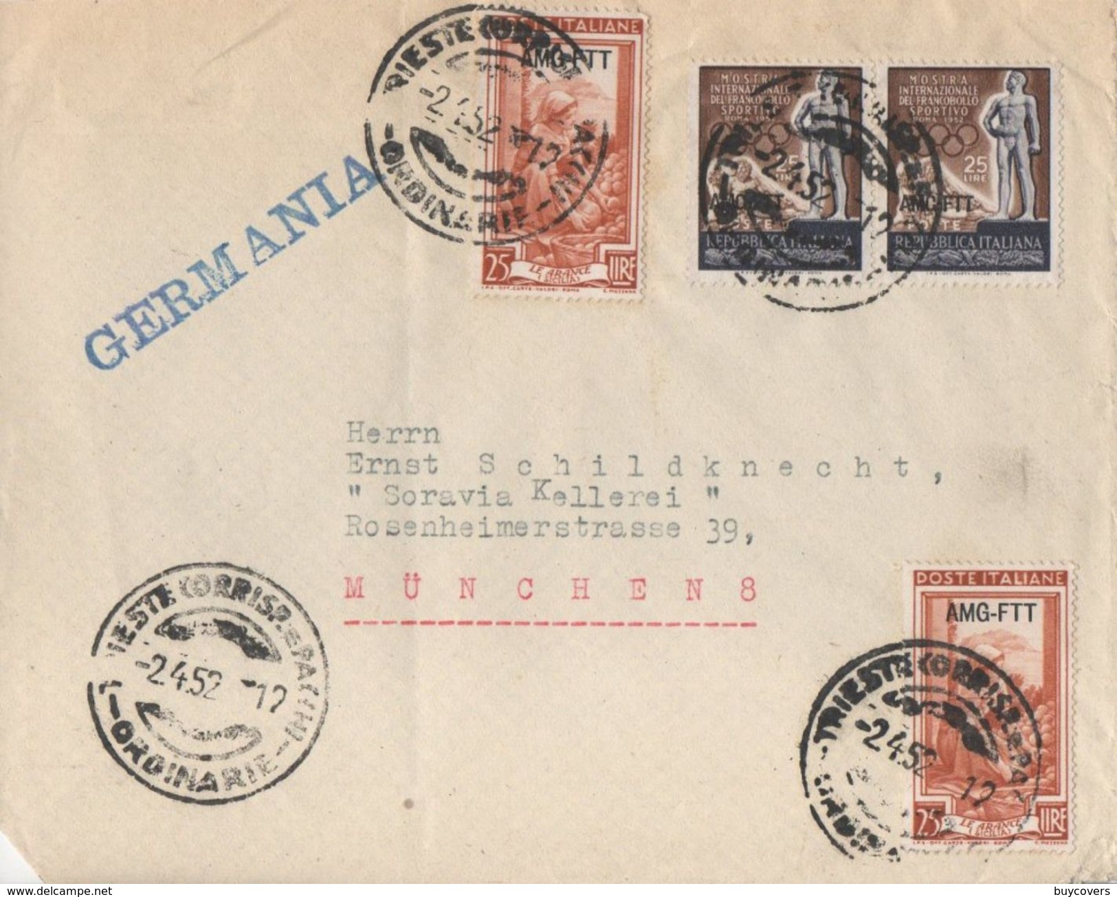 T10 - Trieste Zona A - AMG FTT - Busta Da Trieste Per Munchen (Germania) Del 2 Aprile 1952.- AFFRANCATURA GEMELLA - - Storia Postale