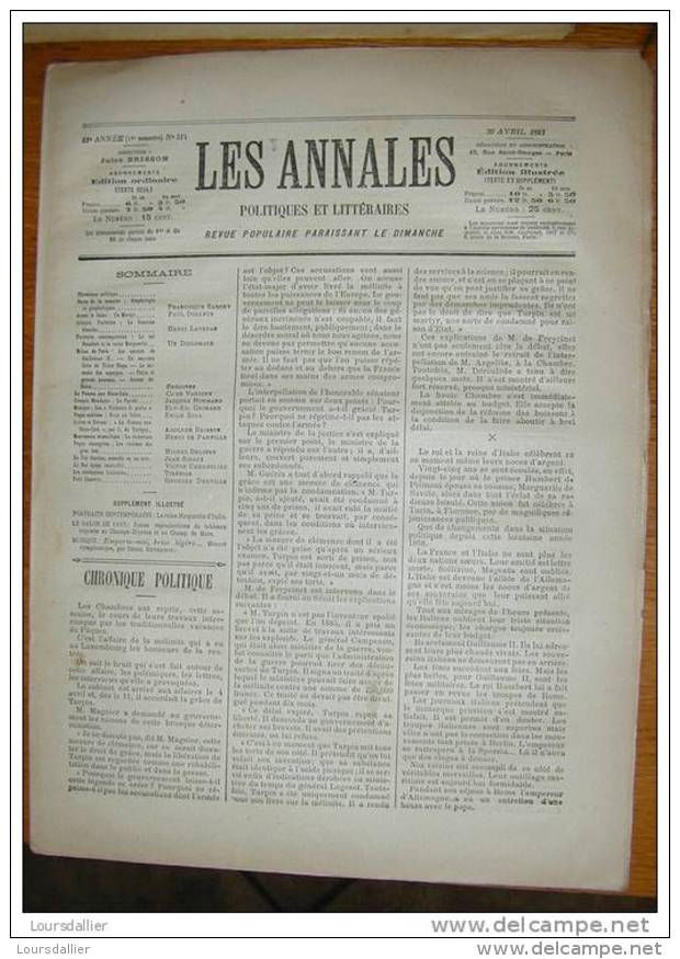 LES ANNALES N°514  30 04 1893 SARCEY ECHOS DE PARIS FEMMES ETATS UNIS PRE CATELAN LE ROI APEPI CHERBULIEZ - Magazines - Before 1900