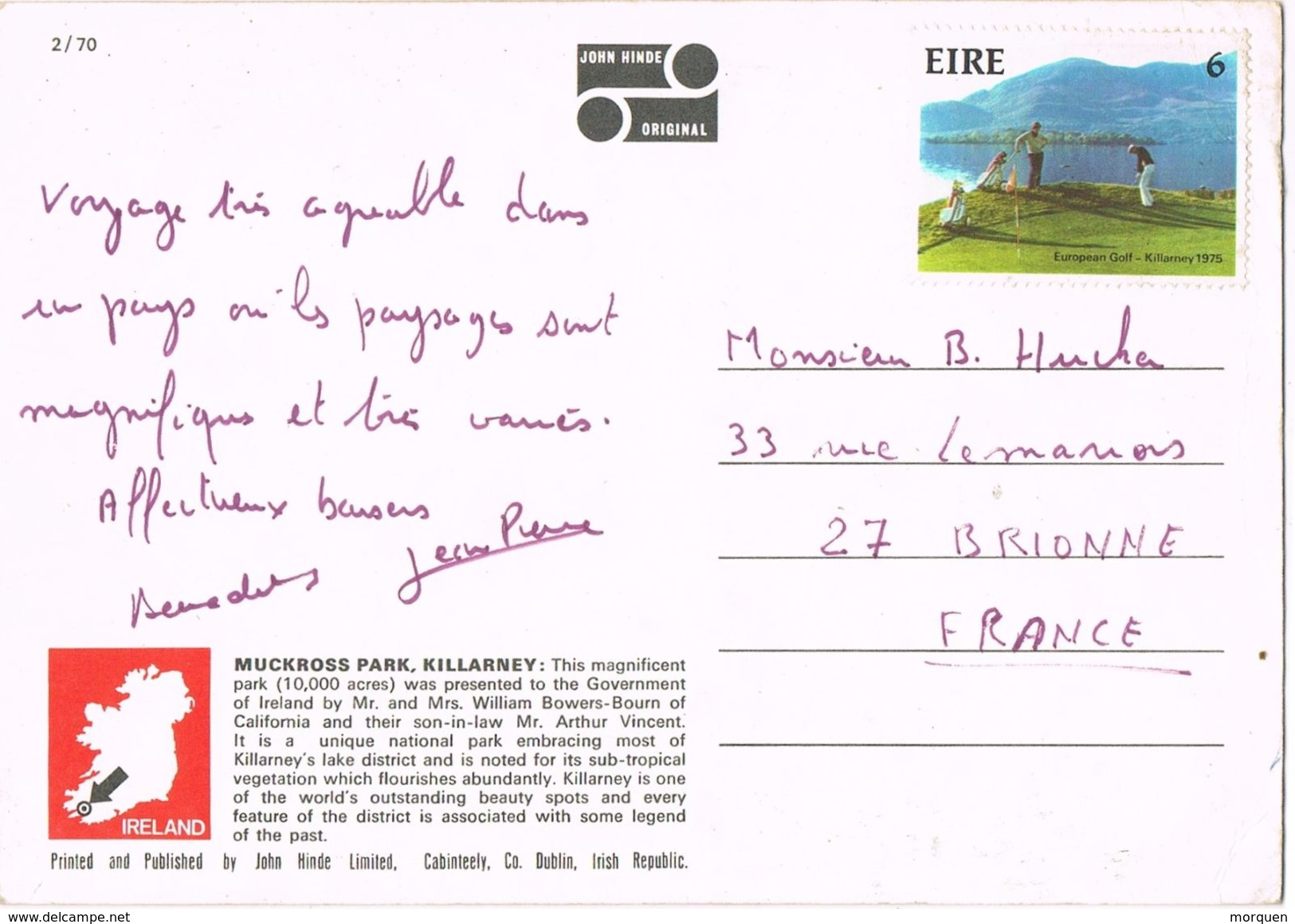 24721. Postal KILLARNEY, Muckross Park (Irlanda) Eire 1975 - Briefe U. Dokumente