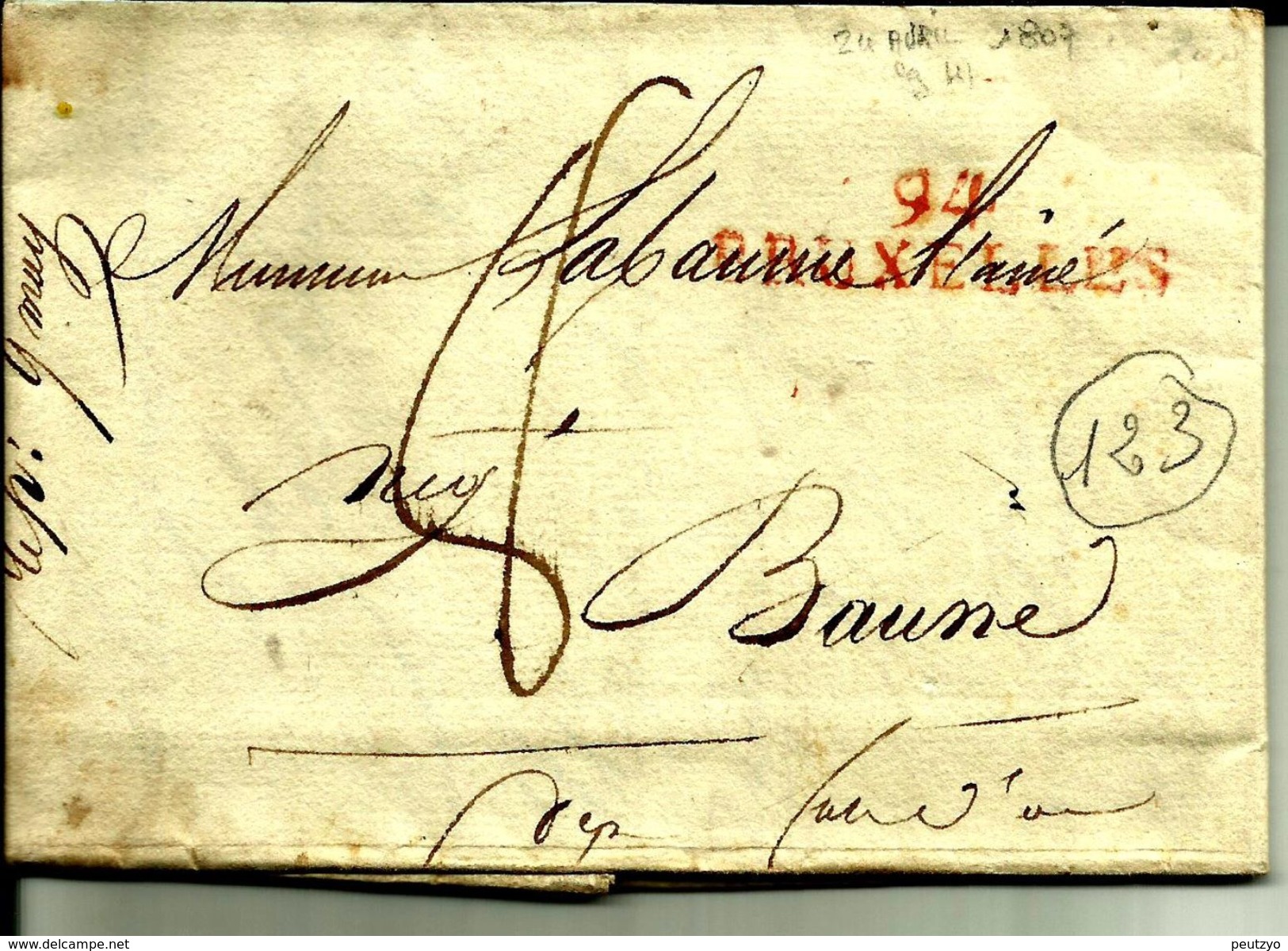 Lettre Année 1807 Bruxelles Belgique  Departement Conquis Pour Baune  N°123 - 1792-1815: Veroverde Departementen