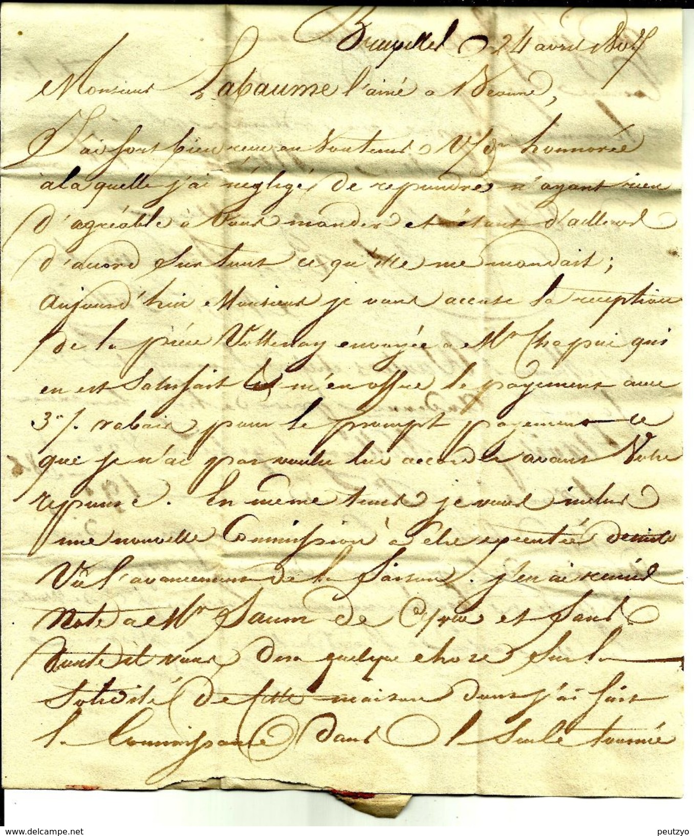 Lettre Année 1807 Bruxelles Belgique  Departement Conquis Pour Baune  N°123 - 1792-1815: Veroverde Departementen