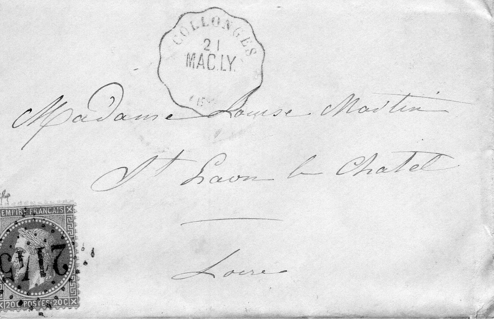 Convoyeur Station "MAC LY / COLLONGES "+G C 2145 LYON Sur N°29, Avec Correspondance De COUZON Du 21.5.1870 - 1849-1876: Classic Period