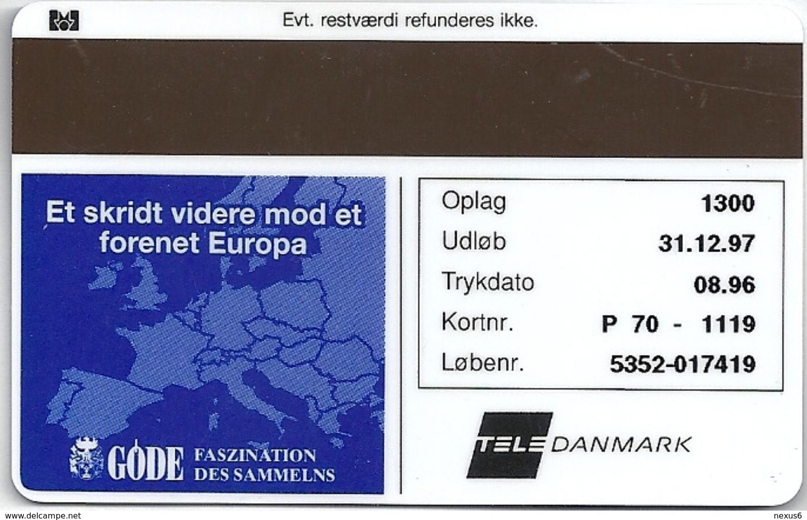 Denmark - Tele Danmark (magnetic) - Ecu - Ireland - TDP070 - 08.96, 1.300ex, Used - Denmark