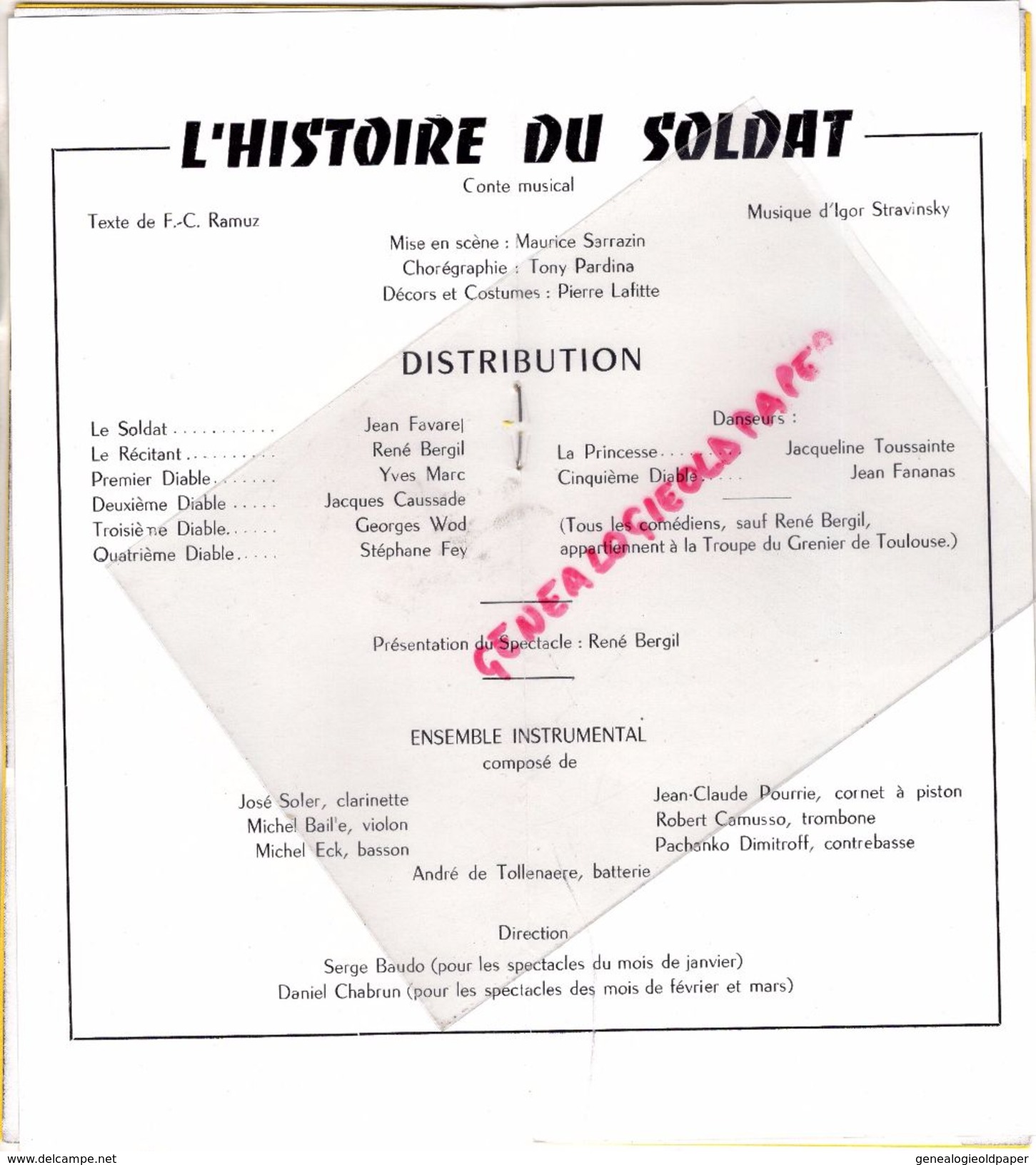 31 - TOULOUSE - PROGRAMME LE GRENIER -1958-L' HISTOIRE DU SOLDAT- IGOR STAVINSKY-JEAN FAVAREL-RENE BERGIL-SERGE BAUDO- - Programmes