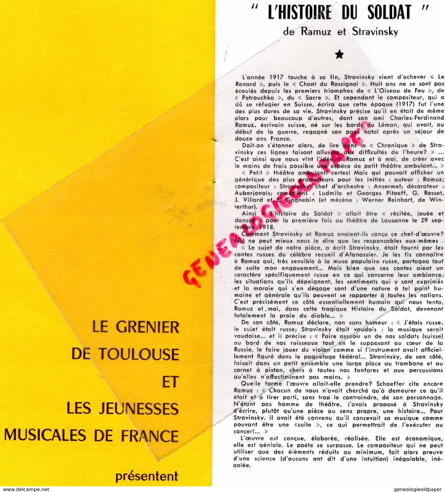 31 - TOULOUSE - PROGRAMME LE GRENIER -1958-L' HISTOIRE DU SOLDAT- IGOR STAVINSKY-JEAN FAVAREL-RENE BERGIL-SERGE BAUDO- - Programs