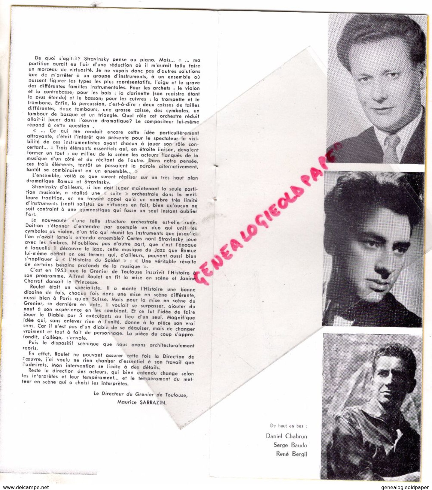 31 - TOULOUSE - PROGRAMME LE GRENIER -1958-L' HISTOIRE DU SOLDAT- IGOR STAVINSKY-JEAN FAVAREL-RENE BERGIL-SERGE BAUDO- - Programs