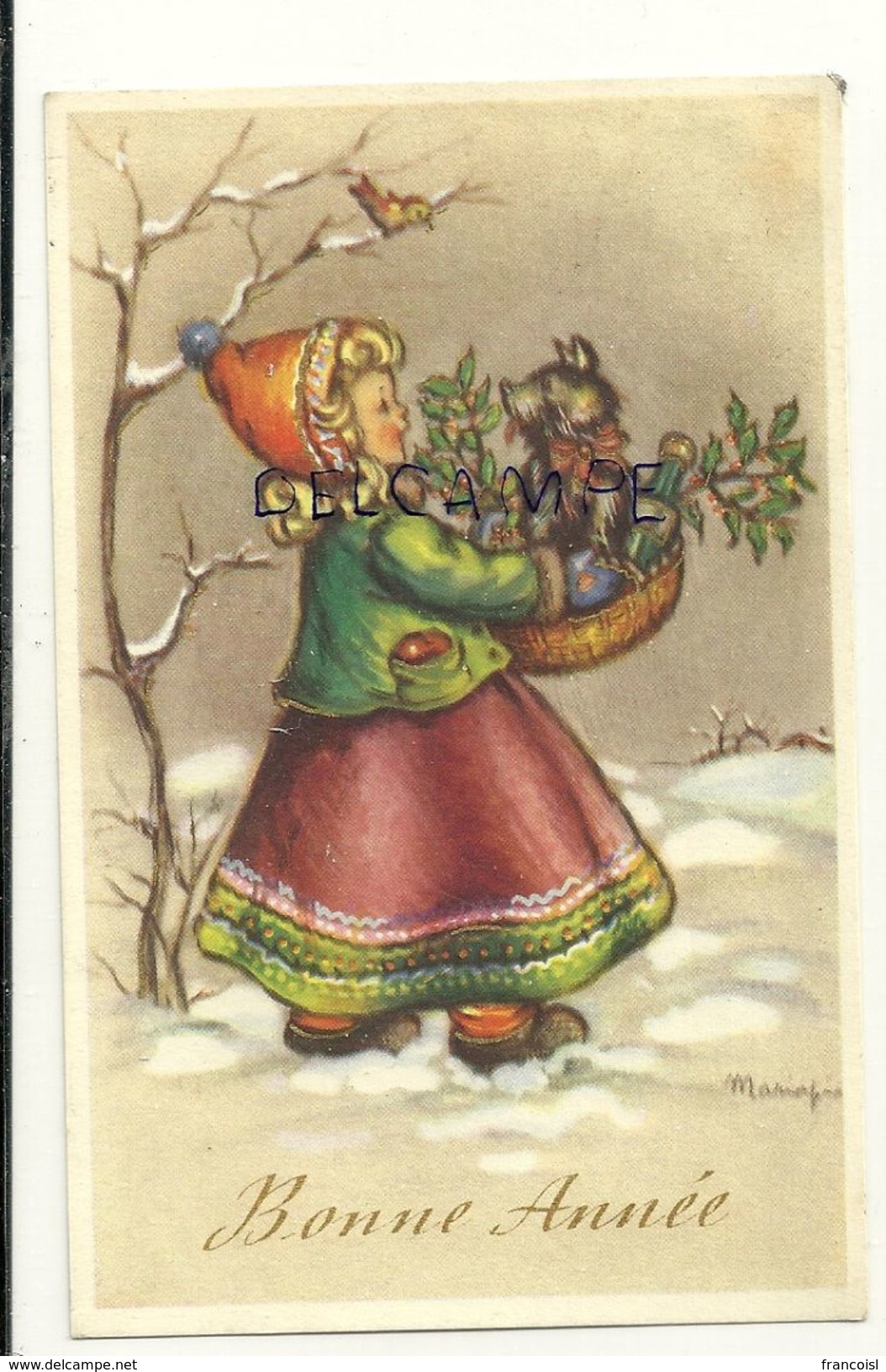 Bonne Année. Petite Fille, Panier Et Chien Dans La Neige, Houx, Champagne. Dorée. Signée Mariapia. Coloprint 53334/4 - Moederdag