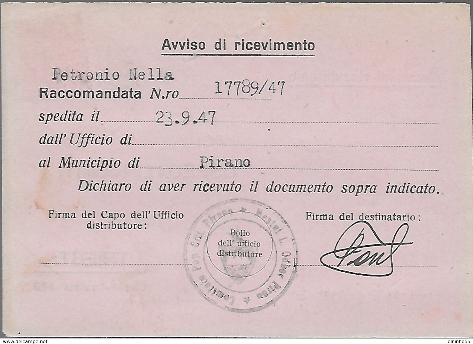 1947 AMG VG - Avviso Di Ricevimento Per Pirano Lire 10 - Uso Singolo - Marcofilía