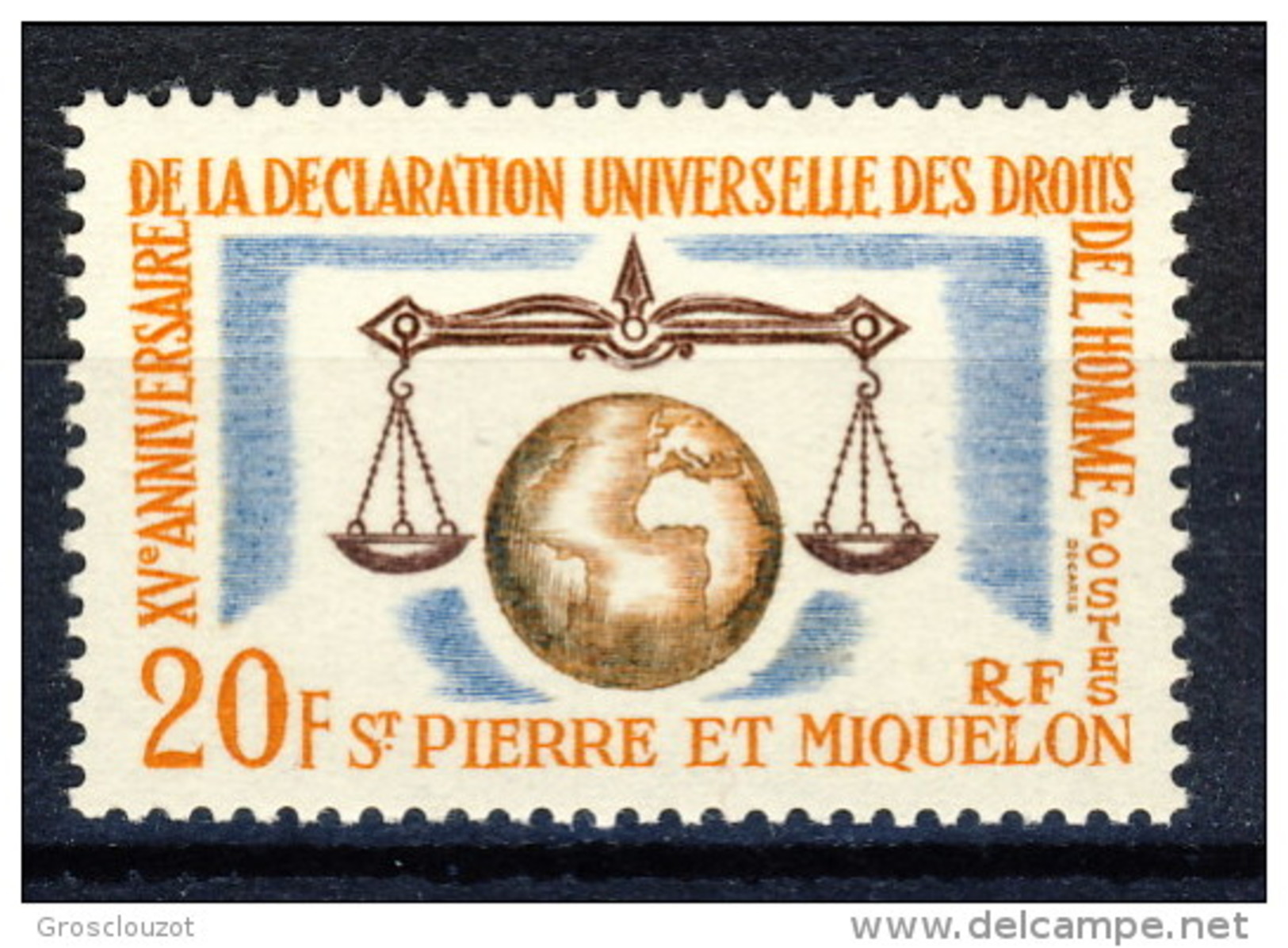 S. Pierre Et Miquelon 1963 N. 370 Fr. 20 Diritti Dell'uomo MlH Catalogo &euro; 8,10 - Nuevos