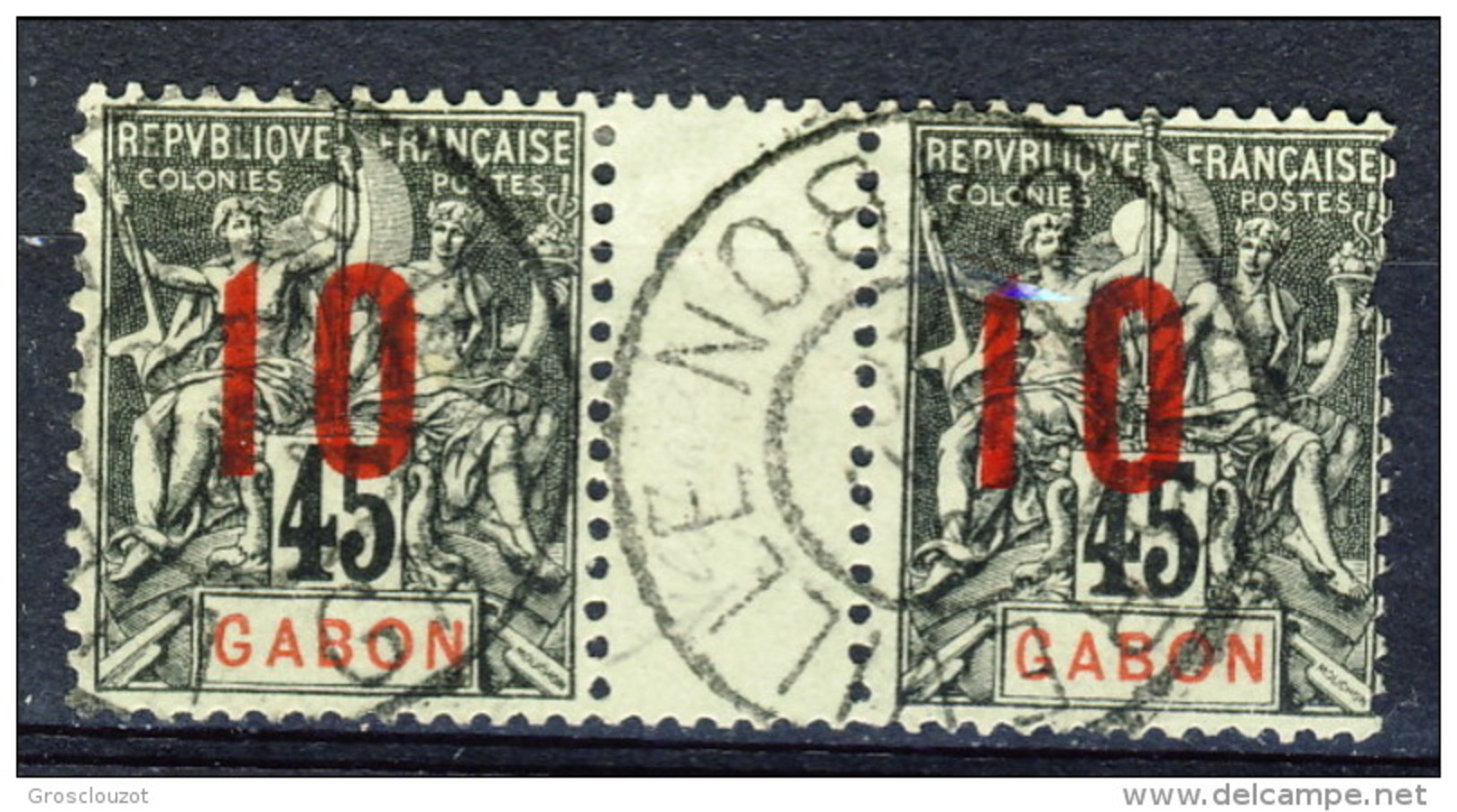 Gabon 1912 Tipi Sage Sovrastampati  N. 73 , 10 Su 45 Coppia Con Interspazio USATI Catalogo &euro; 12 - Usati