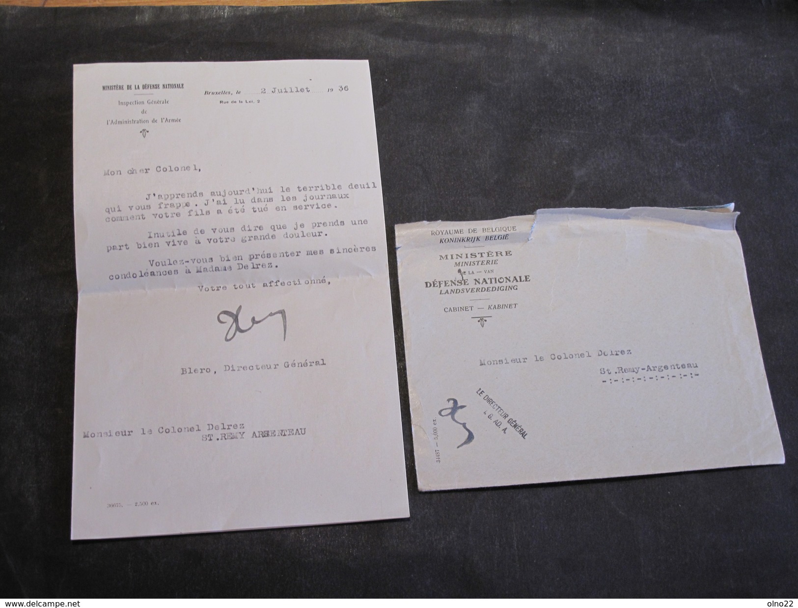 Lettre Au COLONEL DELREZ De ST-REMY ARGENTEAU-2/7/36- Du Ministère Défense.Signé BLERO Dir.Général Suite Décès Du Fils - Documents