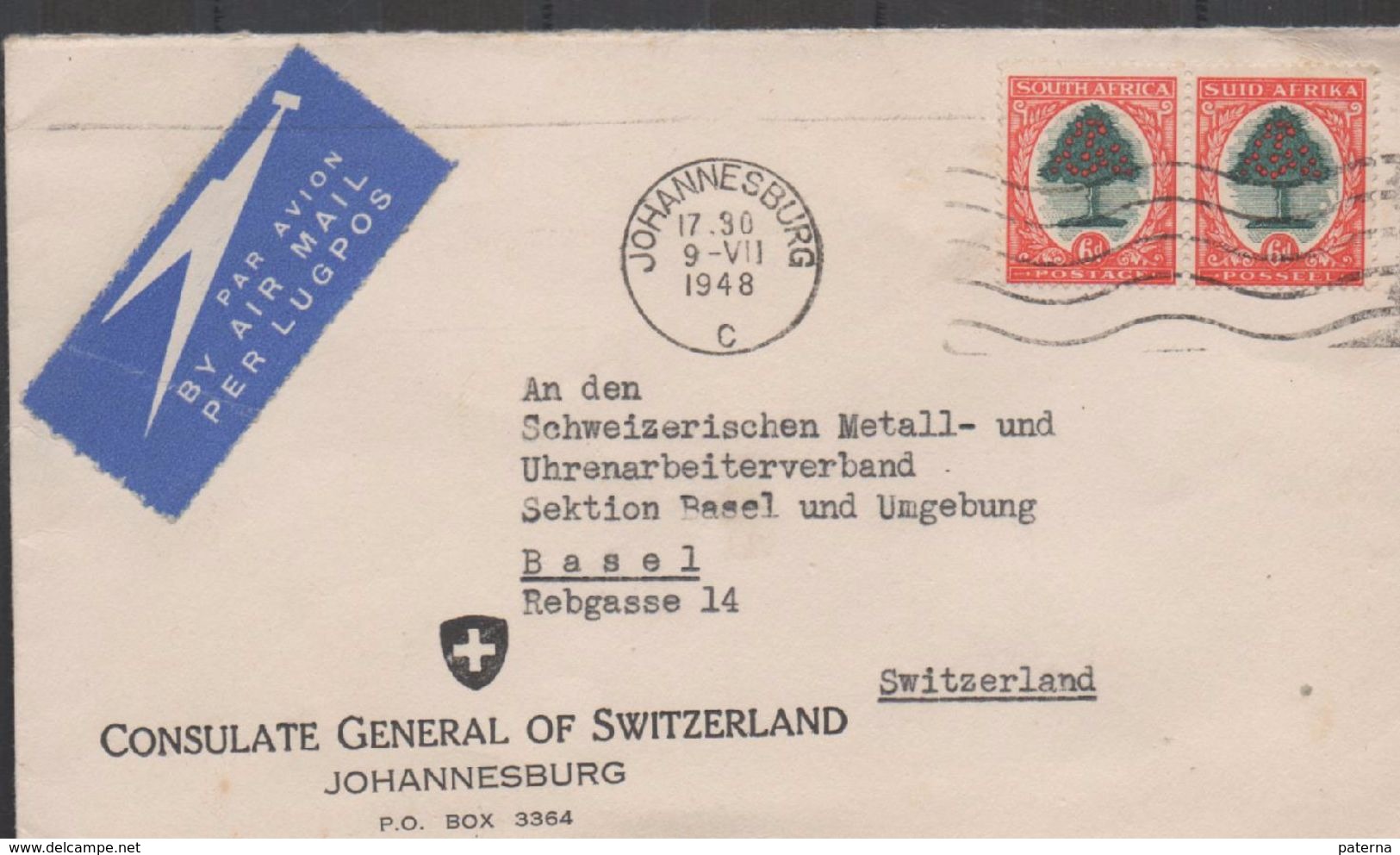 3150   Carta Aerea, Johannesburg 1948 Africa Del Sur, - Poste Aérienne