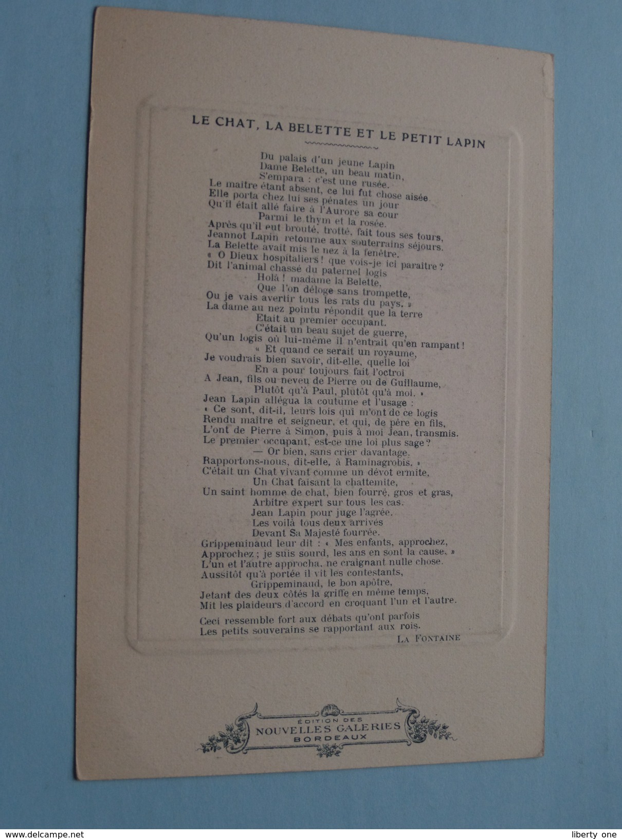 Les Fables De La Fontaine - LE CHAT, LA BELETTE ET LE PETIT LAPIN - Oudry ( Nouvelles Galeries Bordeaux / Voir Photo ) ! - Histoire