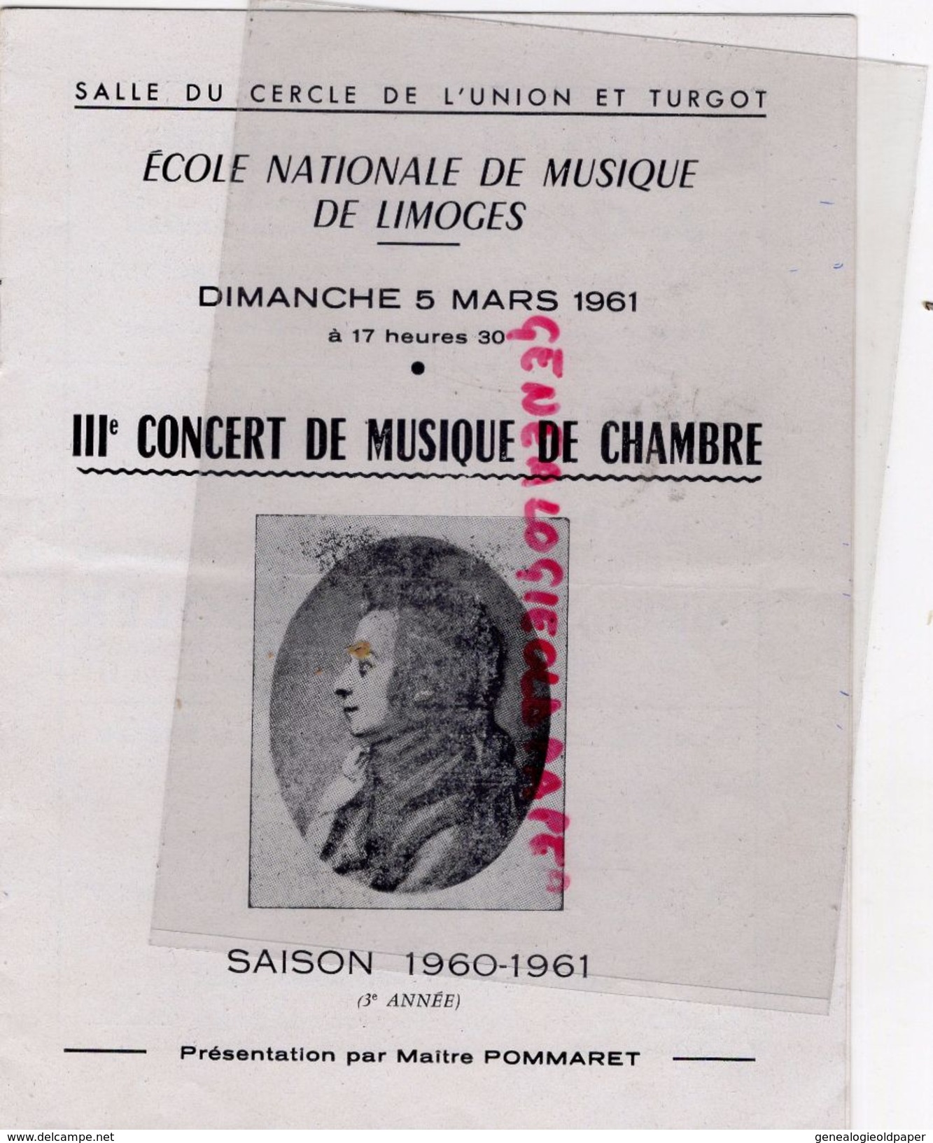 87 - LIMOGES- PROGRAMME CERCLE UNION TURGOT- ECOLE NATIONALE MUSIQUE-1960-1961-MUSIQUE CHAMBRE-BRAHMS-FRANCAIX-HAHN-BACH - Programme