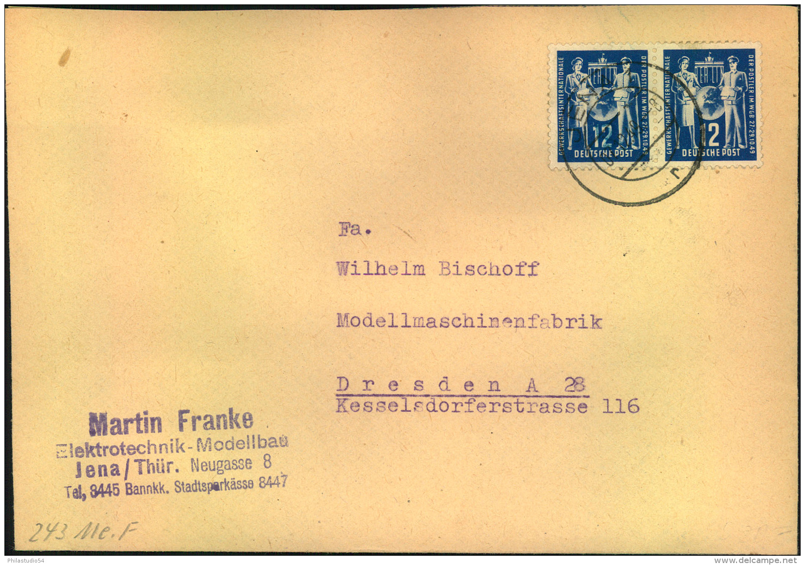 1949, 12 Pfg. Postgewerkschaft Auf Fernbrief Ab JENA. - Altri & Non Classificati