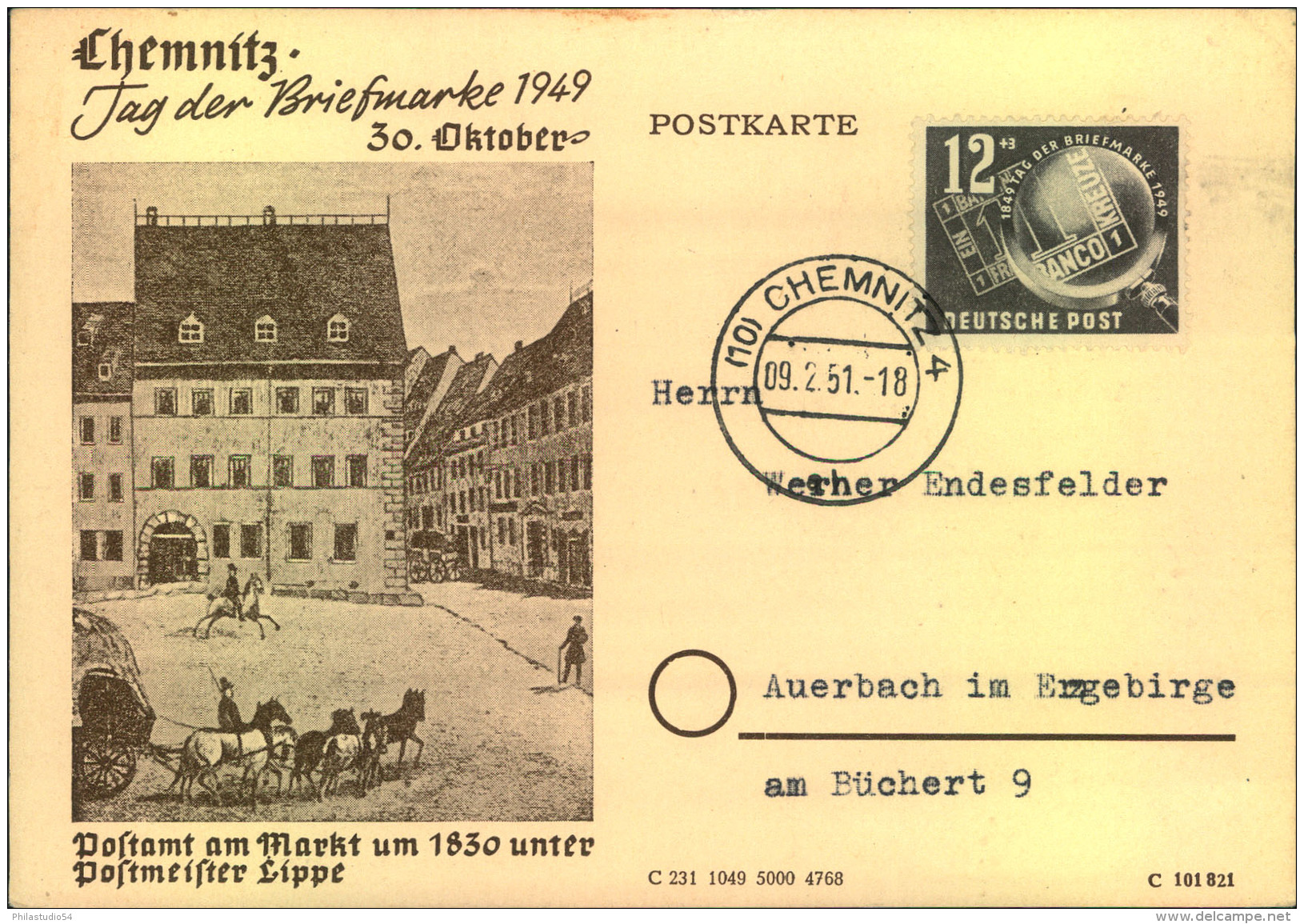 1951, Sonderkarte Zum ""Tag Der Briefmarke"" 1949 Mit Entsprechender Marke. Bedarf Ab CHEMNITZ - Sonstige & Ohne Zuordnung