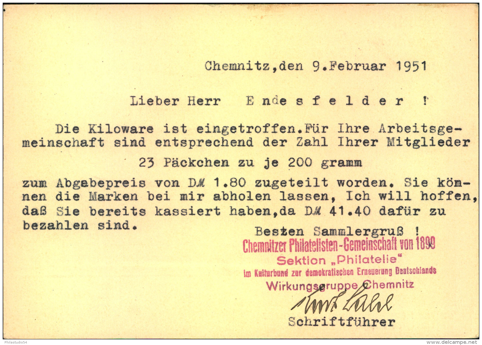 1951, Sonderkarte Zum ""Tag Der Briefmarke"" 1949 Mit Entsprechender Marke. Bedarf Ab CHEMNITZ - Sonstige & Ohne Zuordnung