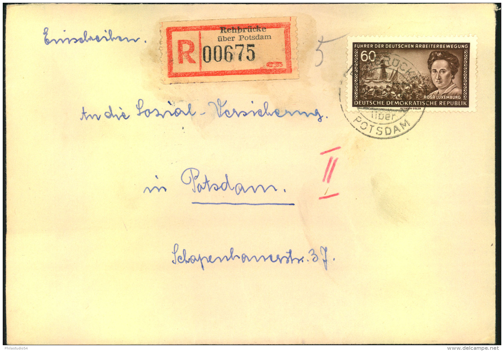 1955, 60 Pfg. Rosa Luxemburg Als EF Auf Einschreiben Ab REHBRÜCKE über POTSDAM - Sonstige & Ohne Zuordnung