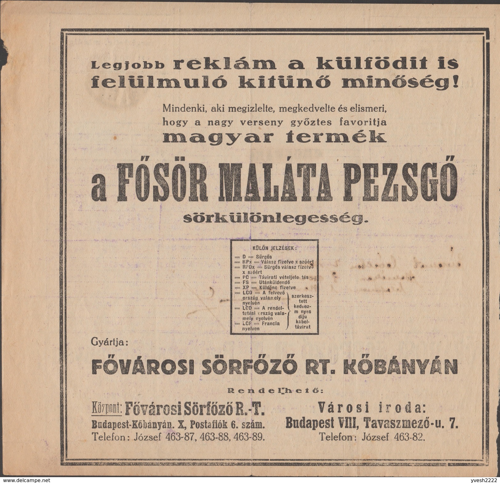 Hongrie 1928. Télégramme Publicitaire. Publicités Au Recto Et Verso Pour La Bière Et La Bière De Malt - Bières