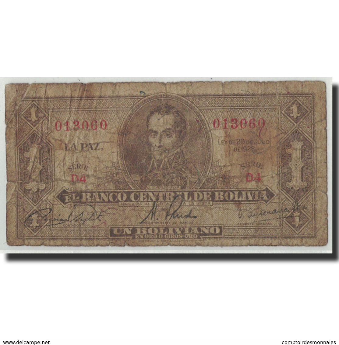 Billet, Bolivie, 1 Boliviano, 1928, 1928-07-20, KM:128a, AB+ - Bolivie