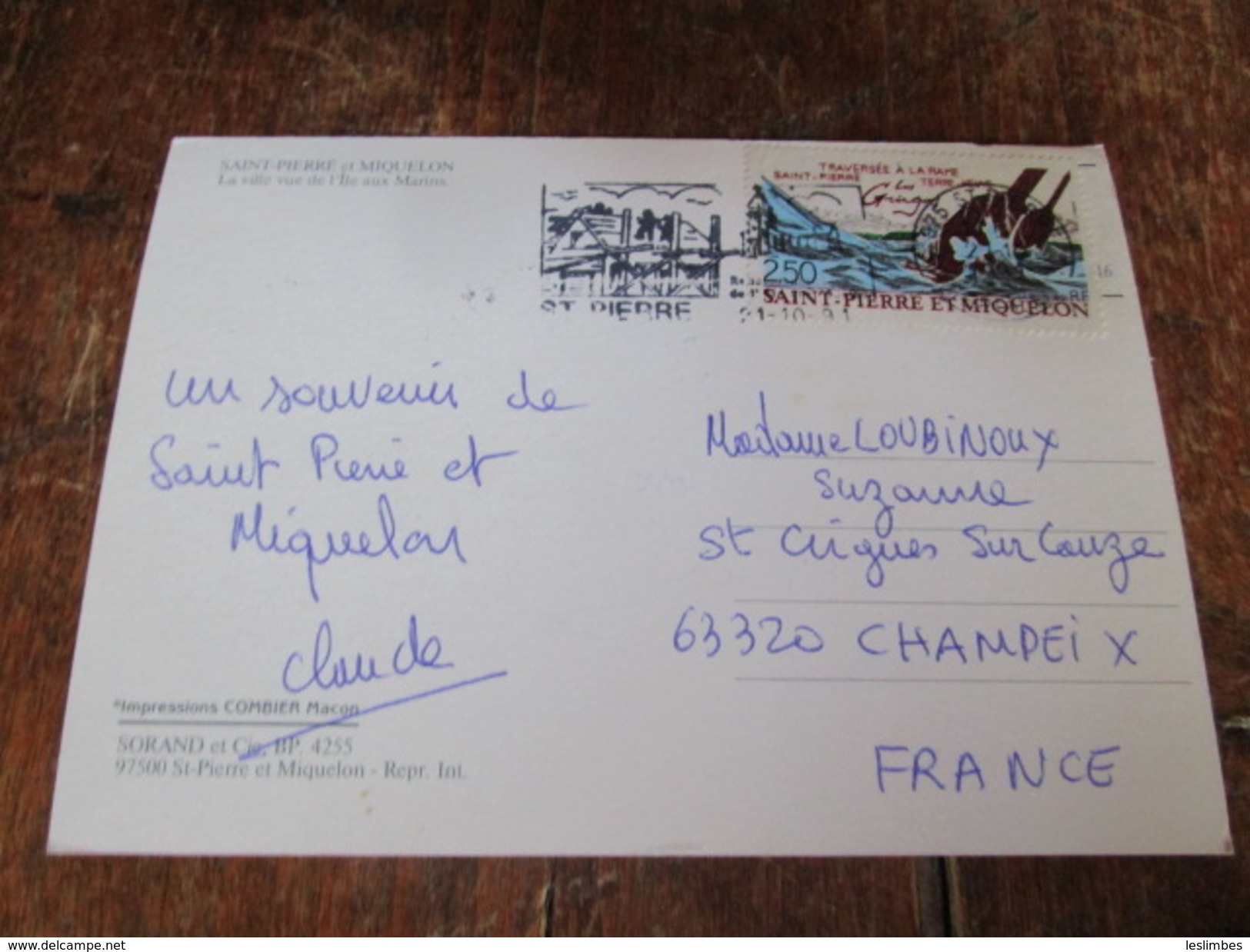 Saint Pierre Et Miquelon. La Ville Vue De L'Ile Aux Marins. CIM. Postmarked 1991 Avec Jolie Timbre Et Obliteration - Saint-Pierre-et-Miquelon