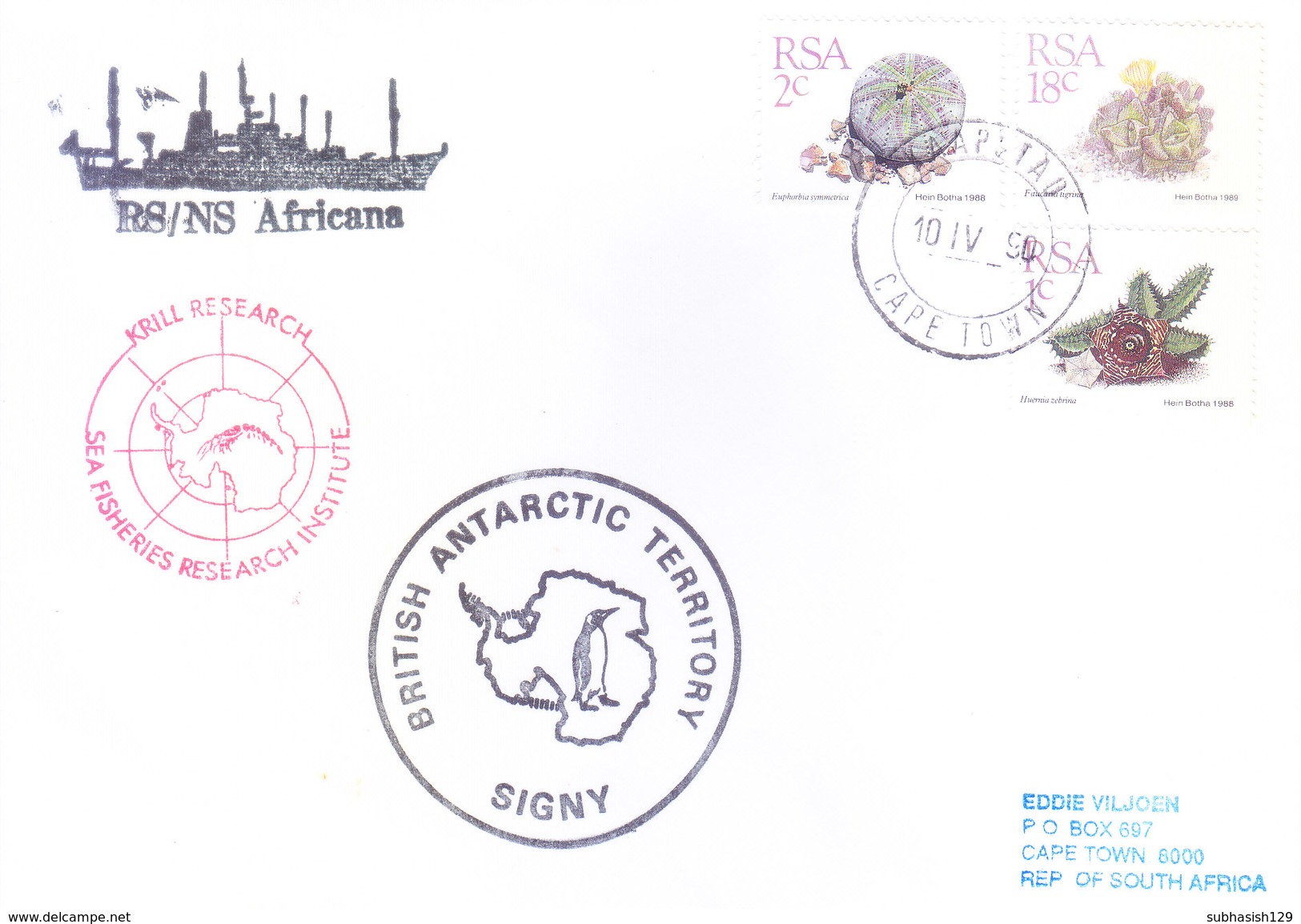 SOUTH AFRICA - ANTARCTIC EXPEDITION - 1990 - BRITISH ANTARCTIC TERRITORY LOGO, NS AFRICANA, KRILL RESEARCH - Covers & Documents