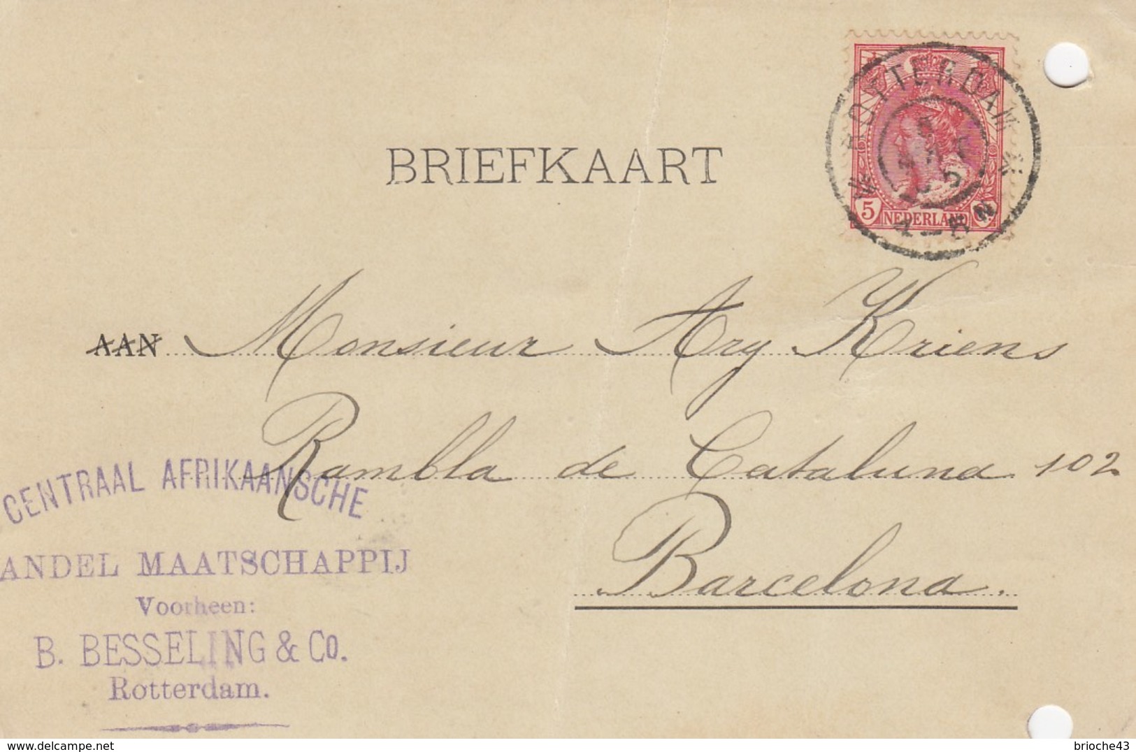 PAYS-BAS - BRIEFKAART 1905 ROTTERDAM TO BARCELONA /1 - Brieven En Documenten