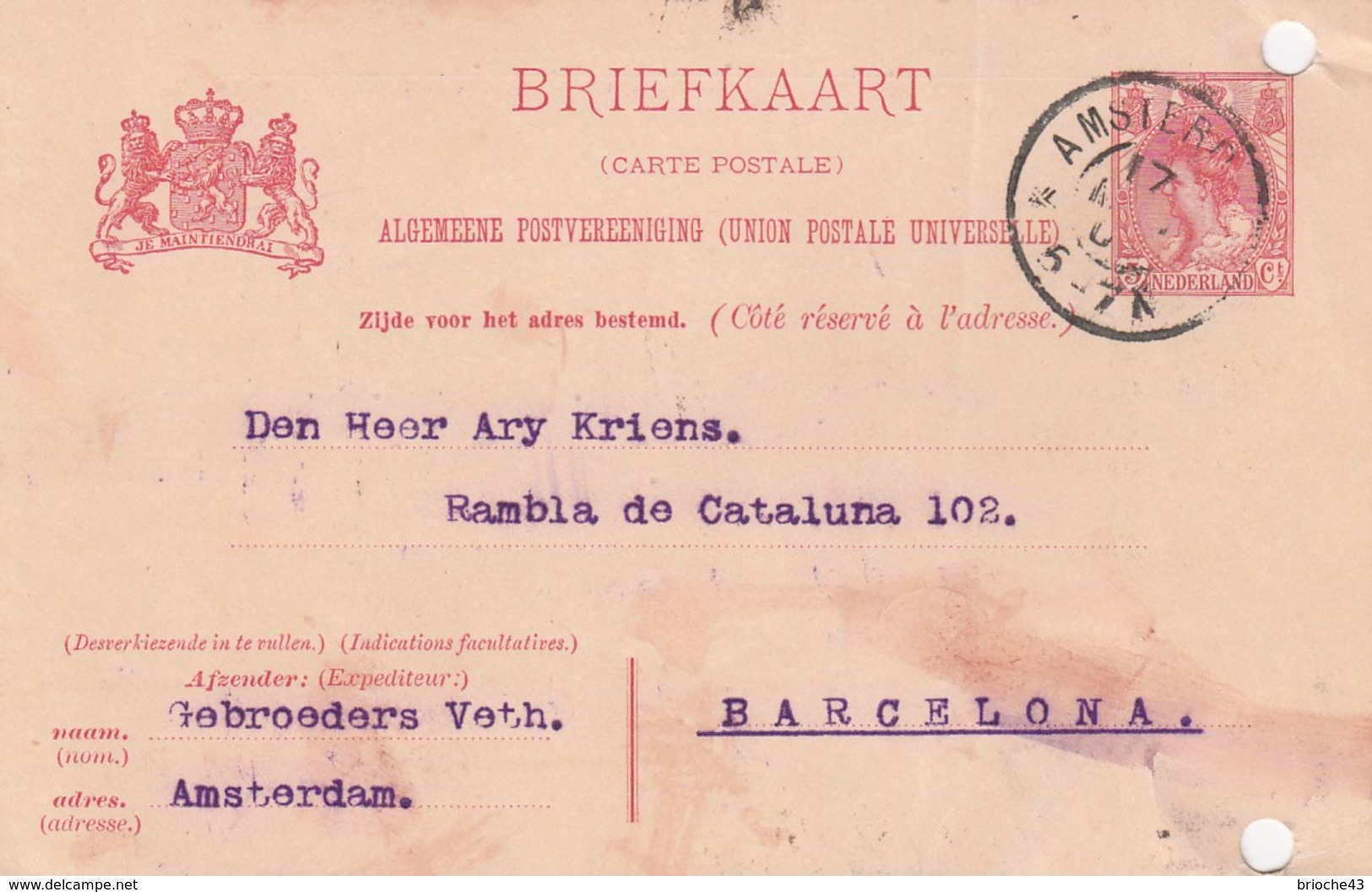 PAYS-BAS - BRIEFKAART 1905 AMSTERDAM TO BARCELONA /1 - Brieven En Documenten