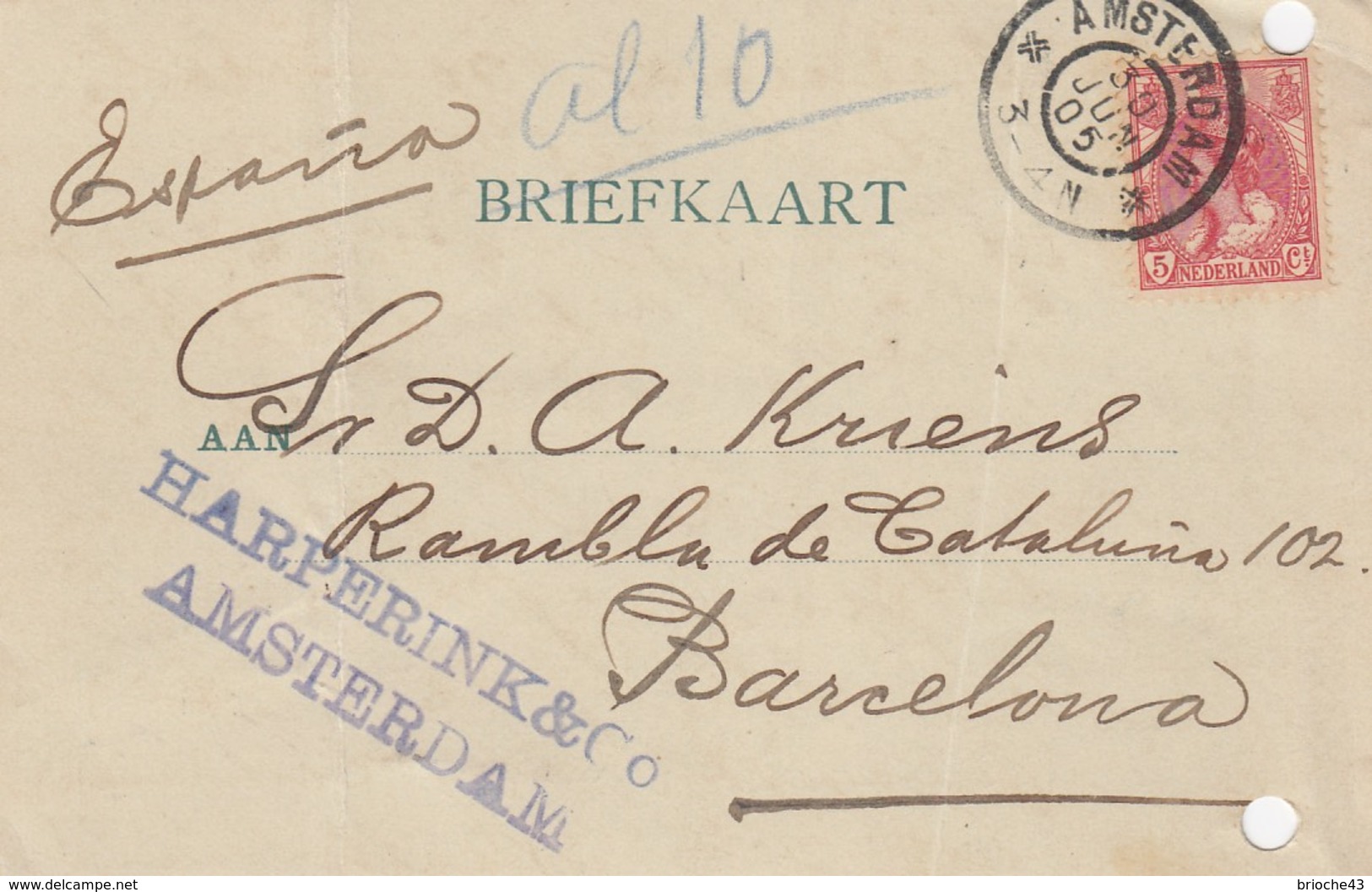 PAYS-BAS - BRIEFKAART 1905 AMSTERDAM TO BARCELONA /1 - Brieven En Documenten