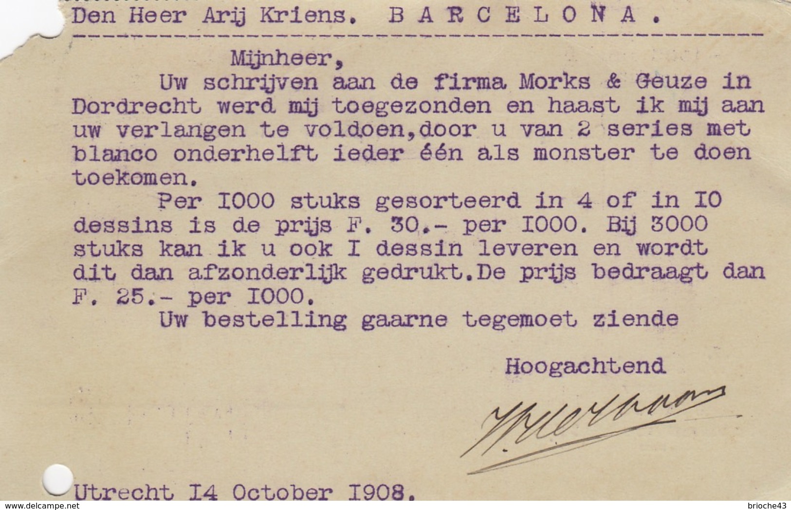 PAYS-BAS - BRIEFKAART 1908 UTRECHT  TO BARCELONA /1 - Brieven En Documenten