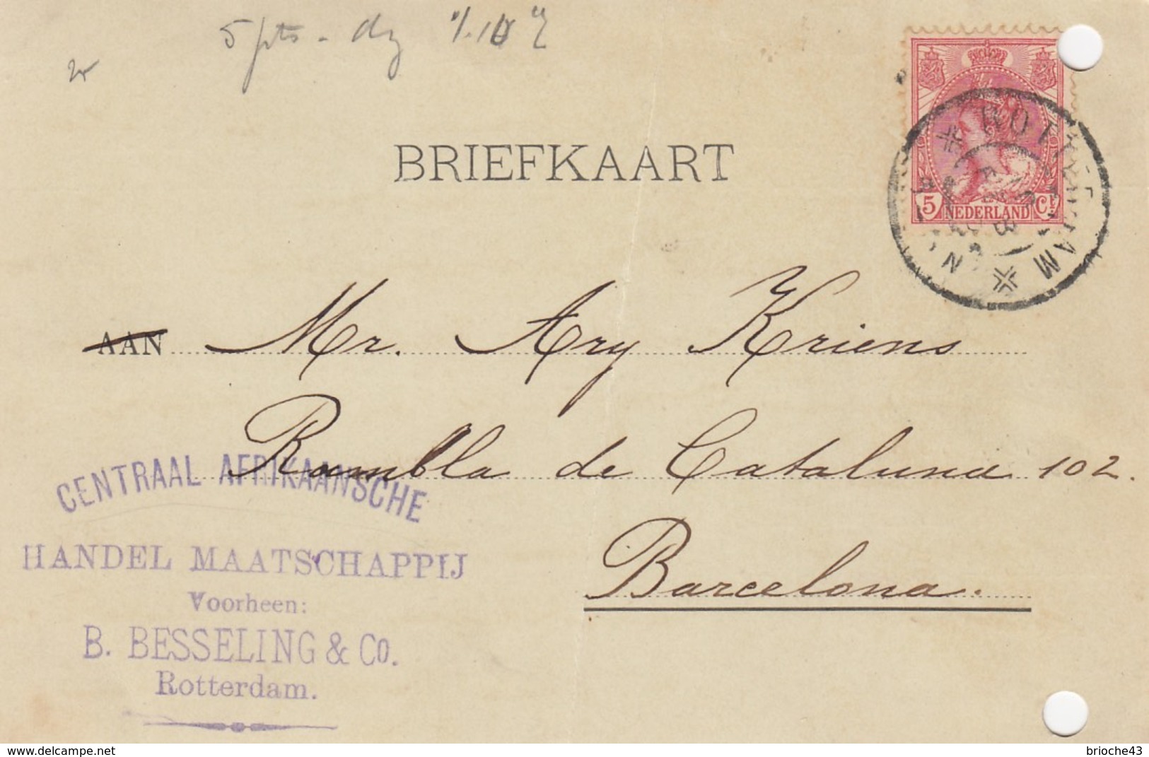 PAYS-BAS - BRIEFKAART 1905 ROTTERDAM TO BARCELONA /1 - Brieven En Documenten