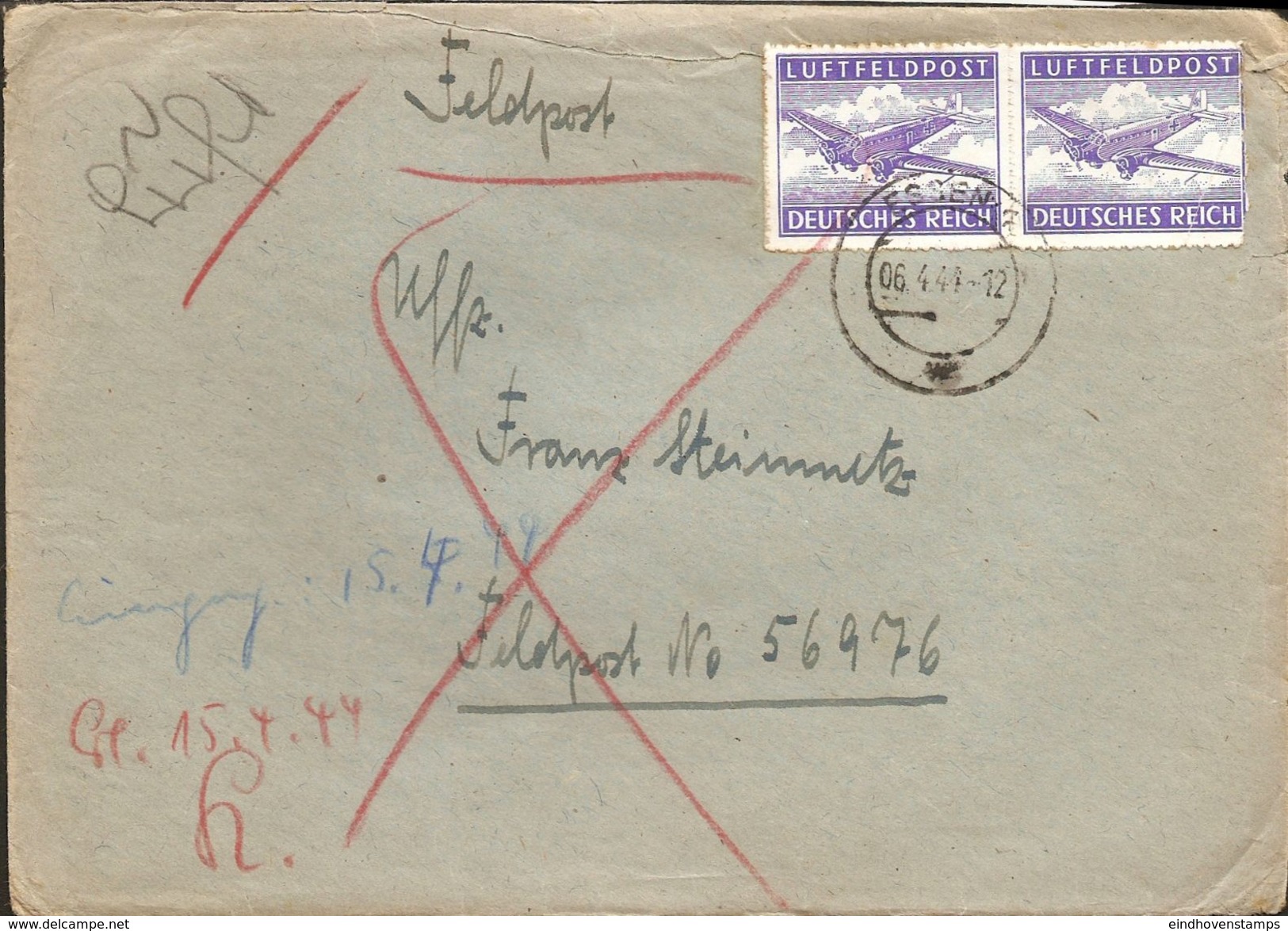 Germany, 1944 Fieldpost Admission Stamp (pair) On Cover To Fieldpost 56976 - Sonstige & Ohne Zuordnung