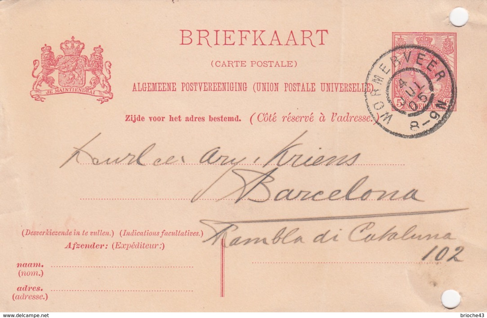 PAYS-BAS - BRIEFKAART 1905 WORMERVEER TO BARCELONA /1 - Brieven En Documenten